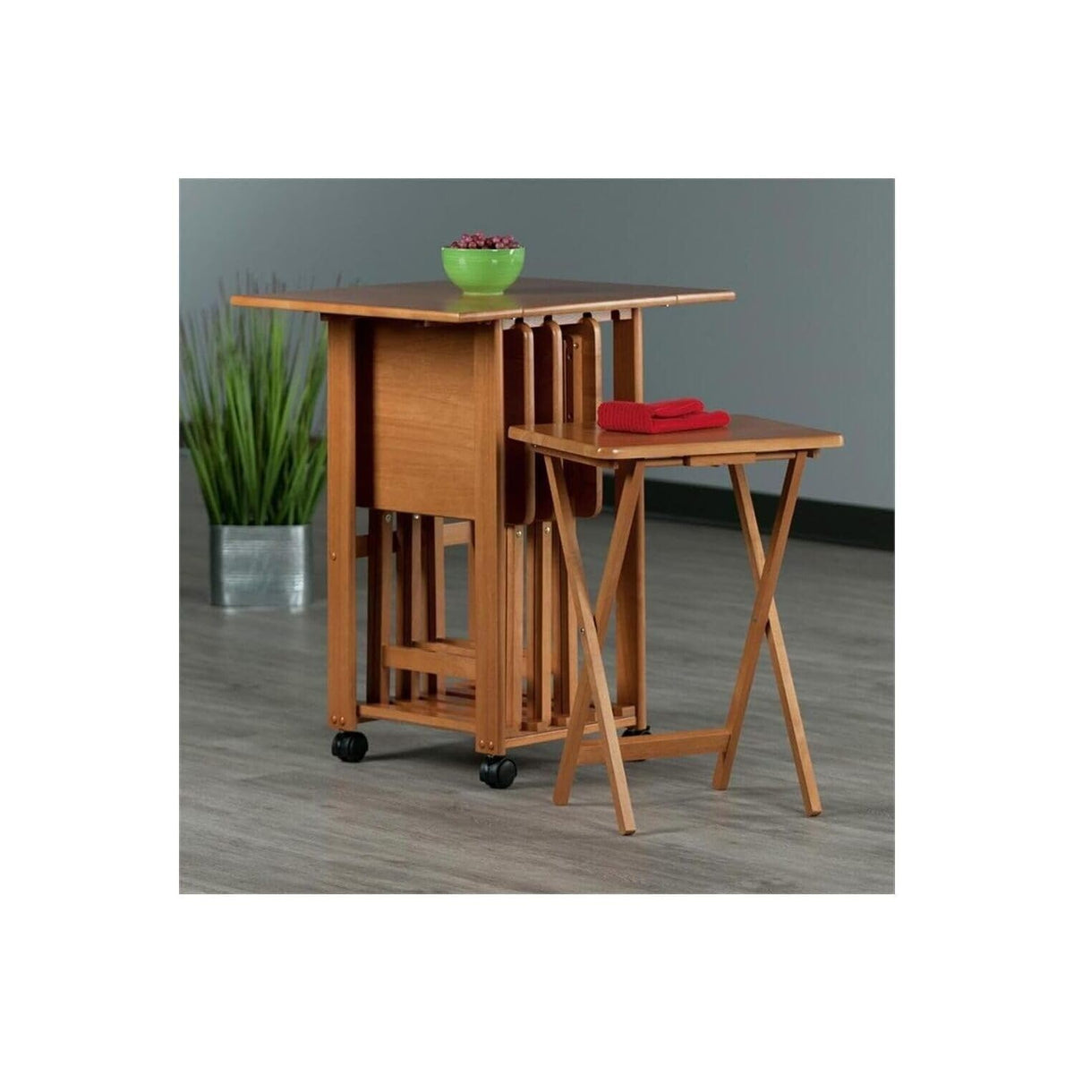 HomeStock 5-Piece Snack Table Set with Double Drop-Leaf Storage Table, 4 Folding Snack Tables, Grooved Slots, Solid Wood Design, and Rolling Casters Teak