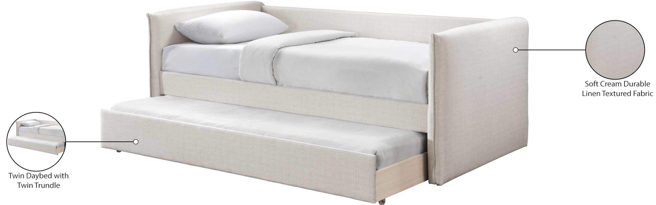 Meridian Furniture ColtonCream-T Colton Collection Modern | Contemporary Twin Daybed with Soft Cream Durable Linen Textured Fabric, Twin Trundle, 84.5" W x 45" D x 32" H, Cream