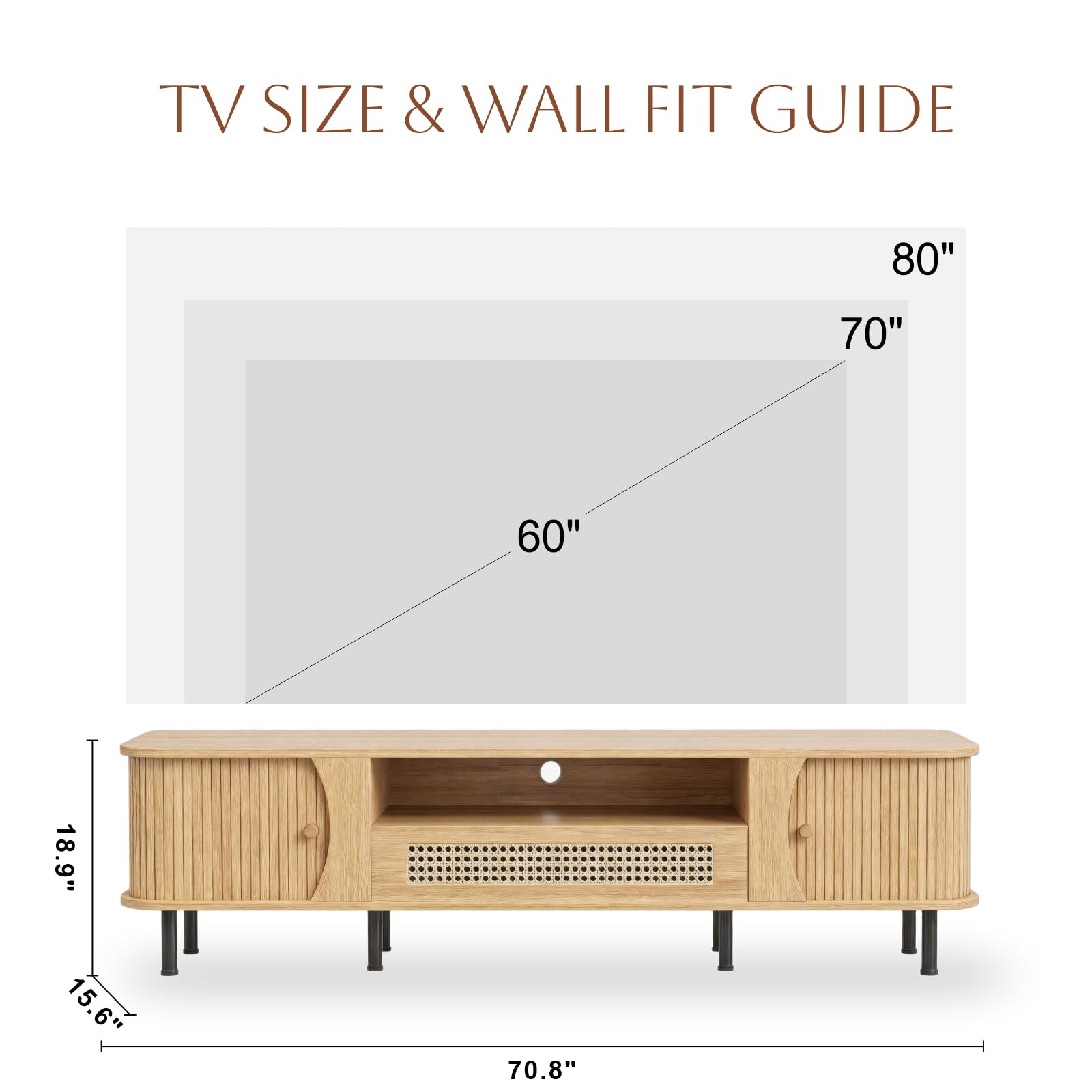 basenji 71" Mid Century Modern TV Stand, Wood TV Consoles with Sliding Doors and Rattan Door, Entertainment Center with Adjustable Shelves, Fluted TV Stands for Living Room, Wood