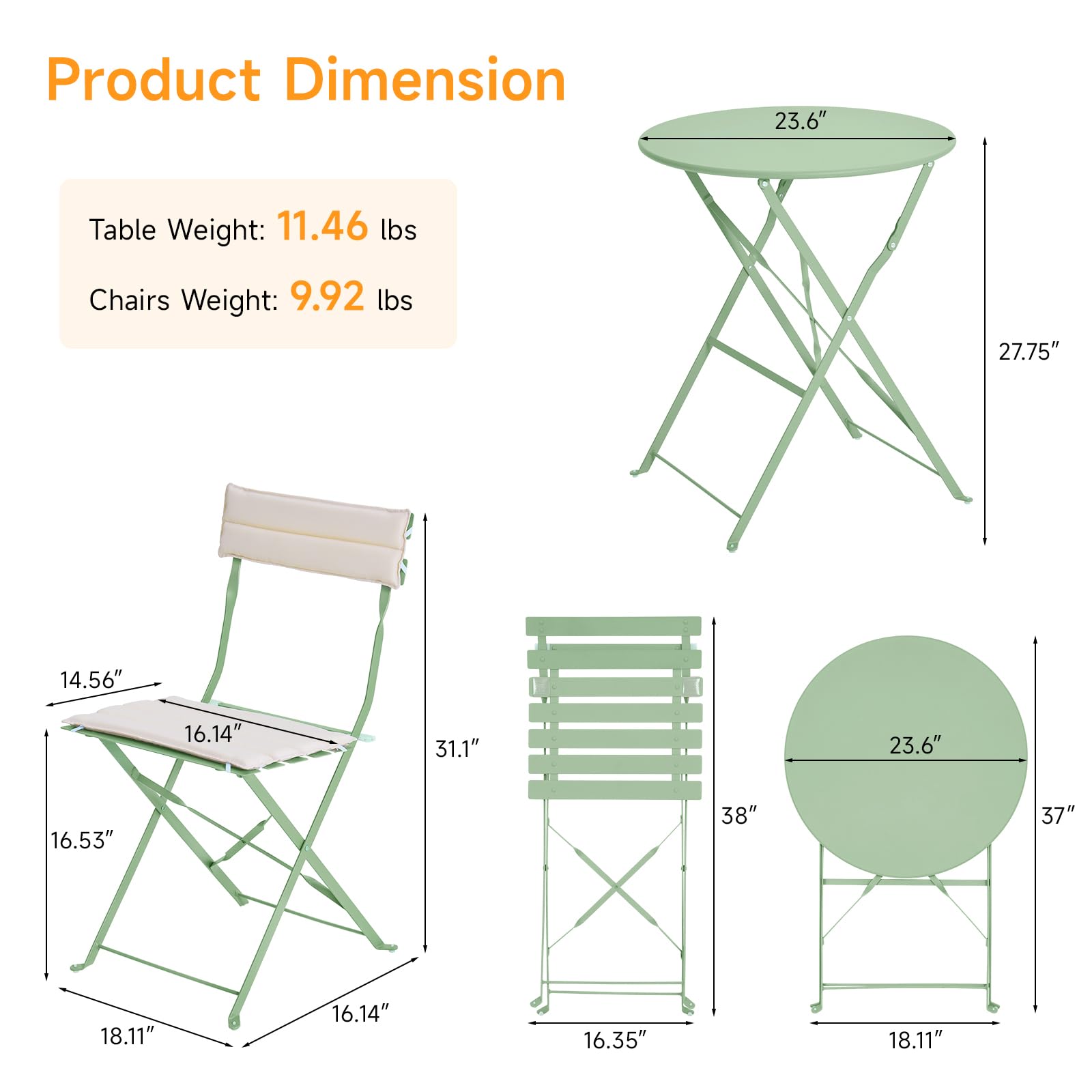 Bistro Table and Chairs set of 2, 3 Piece Folding Outdoor Patio Bistro Set with Comfortable Cushions, Weather-Resistant Stable Small Patio Furniture Set for Backyard Balcony Porch Coffee Shop, Green