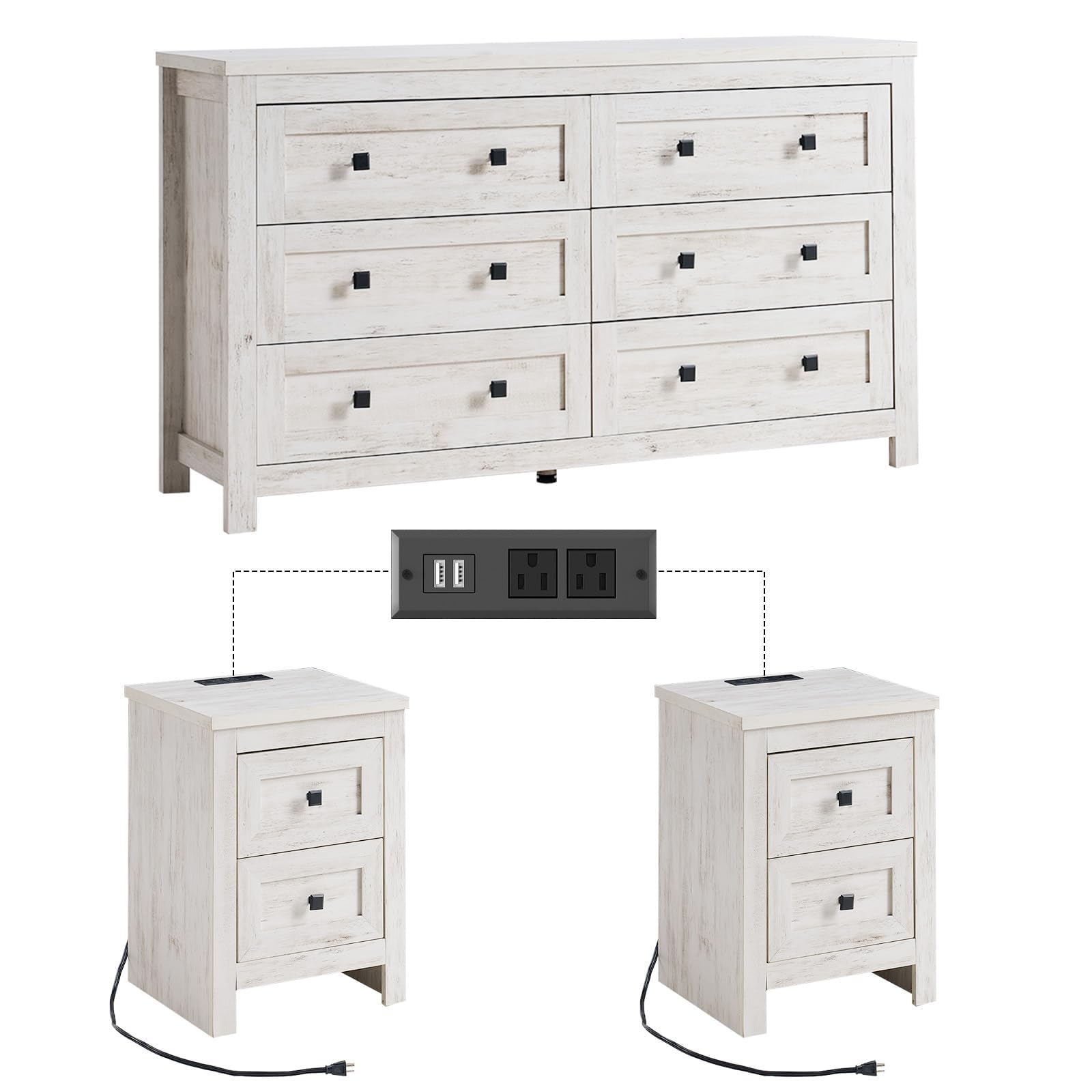 LUXOAK Bedroom Dresser and Nightstand 3 Piece Set, 1 X Wood Rustic 6 Drawer Storage Dresser, 2 X Farmhouse Nightstand with Charging Station, Farmhouse Bedroom Furniture Set, Rustic White