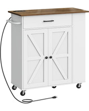 CHOEZON Kitchen Island Cart with Storage, Bar Cart with Charging Station, Kitchen Island on Wheels, Rolling Mobile Table with Cabinet, 3 AC Outlets, White and Walnut MZD04UWL