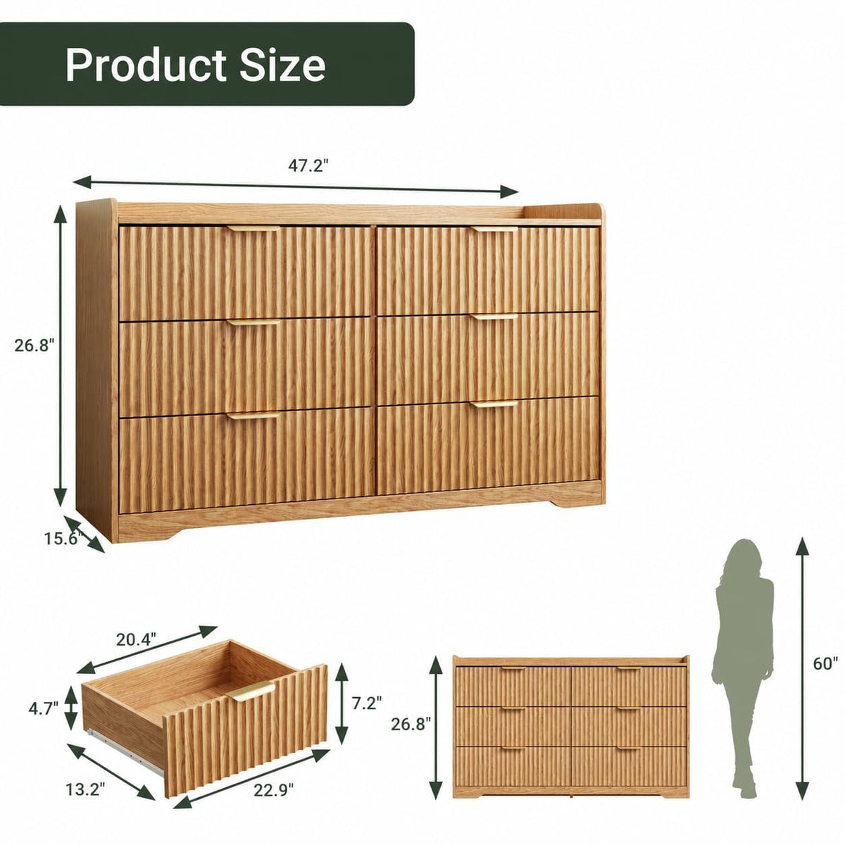 OURPIC Fluted Modern 6 Drawer Dresser for Bedroom, 47"W x 26"H, Natural Oak