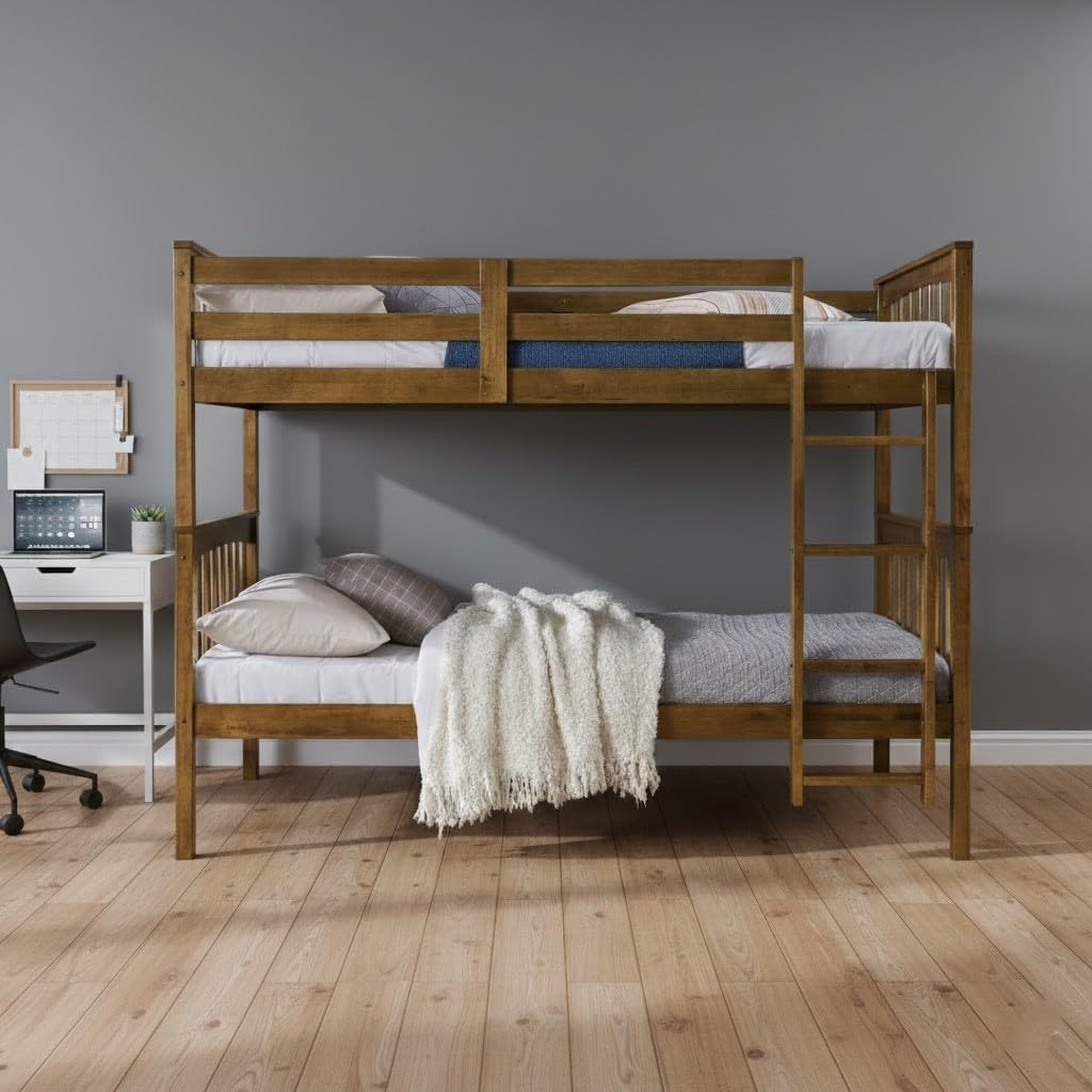 HOME DESIGN Ames Twin Over Twin Solid Wood Bunk Bed Frame, Brown