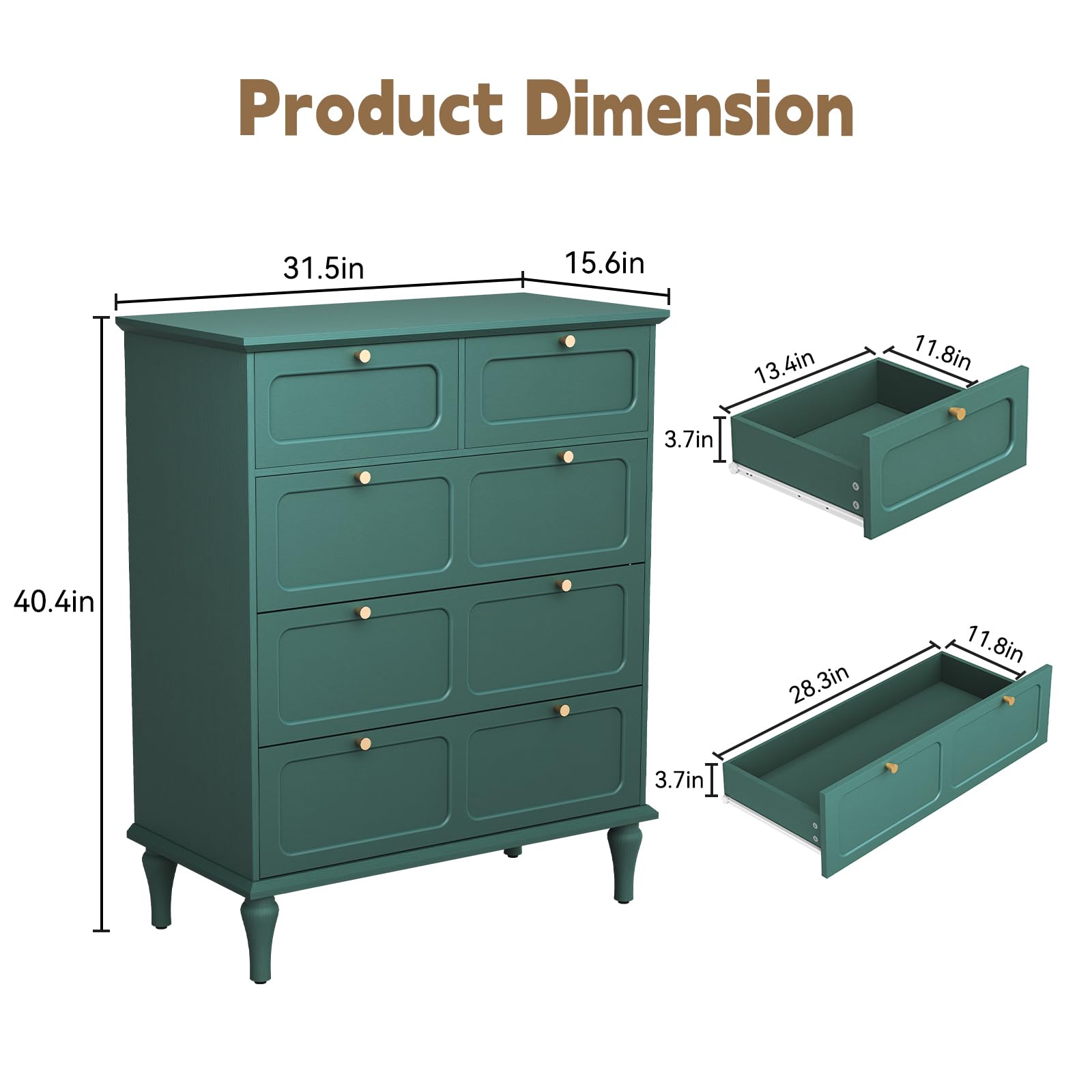 ARTPOWER 5 Drawer Dresser for Bedroom, Tall Dressers & Chests of Drawers with Solid Wood Legs and Brass Handles, Vertical Storage Organizer for Living Rooms, Hallway, Entryways, Offices, Green