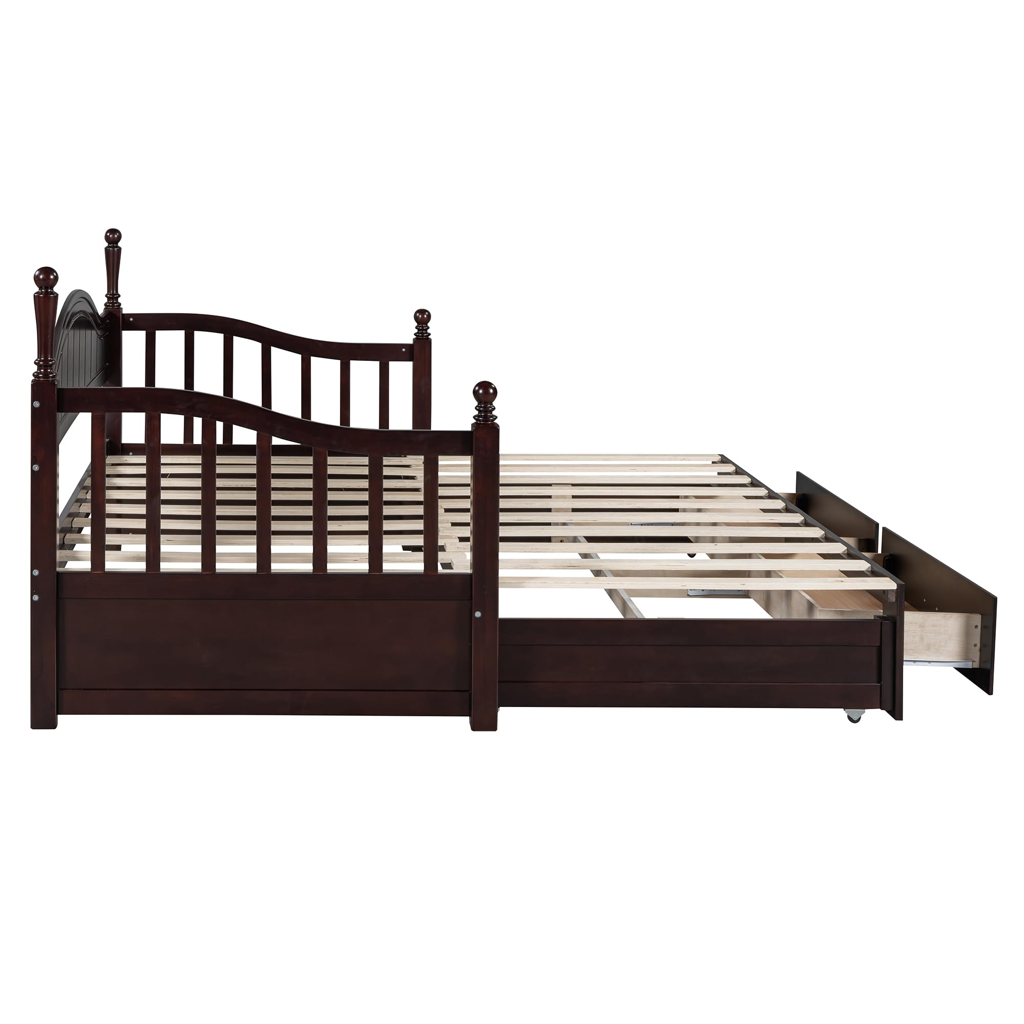 Merax Modern Wood Daybed with Pop Up Trundle Twin to King Extendable Sofa Bed Frame for Kids Teens Adults/No Box Spring Needed Espresso