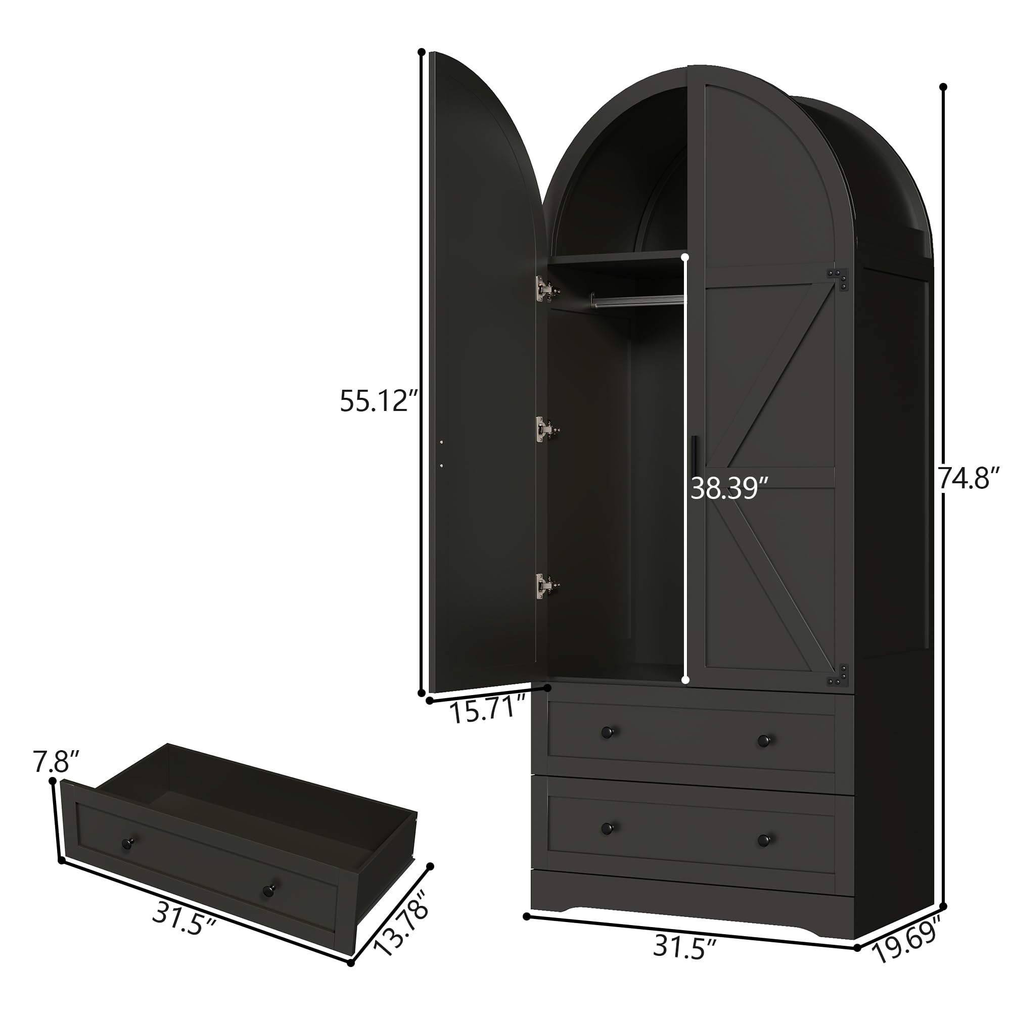 Gyfimoie Black Armoire Wardrobe Closet with 2 Drawers, 74.8" Wooden Wardrobe with 2 Doors, Freestanding Closet Armoire Cabinet with Hanging Rack, Clothing Storage Cabinet for Bedroom (Black)