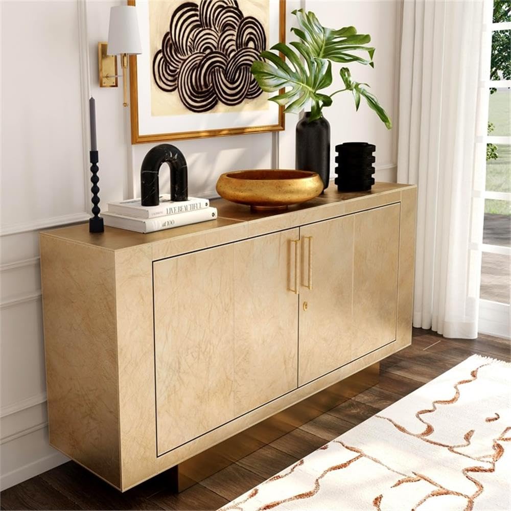 Maklaine Modern Leather Buffet, Gold Finish, Meranti Wood Trim, 70.5"W x 18"D x 34"H, Polysuede-Lined Interior, Adjustable Shelves, Tray Drawer, Brass Platform Base and Handles, Contemporary Sideboard
