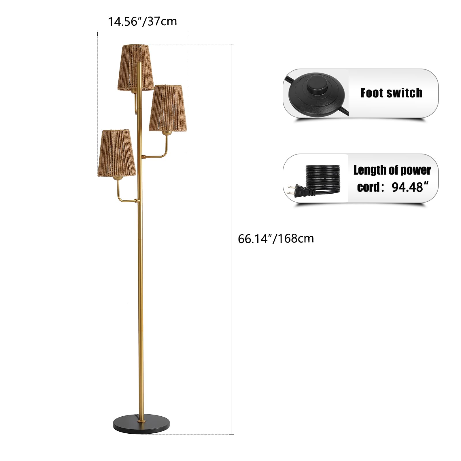 XZHGCEE Rattan Floor Lamp for Living Room:3 Light Boho Floor Lamp for Bedroom, Gold Standing Lamp with Foot Switch, Coastal Rustic Tall Lamp, No Bulb