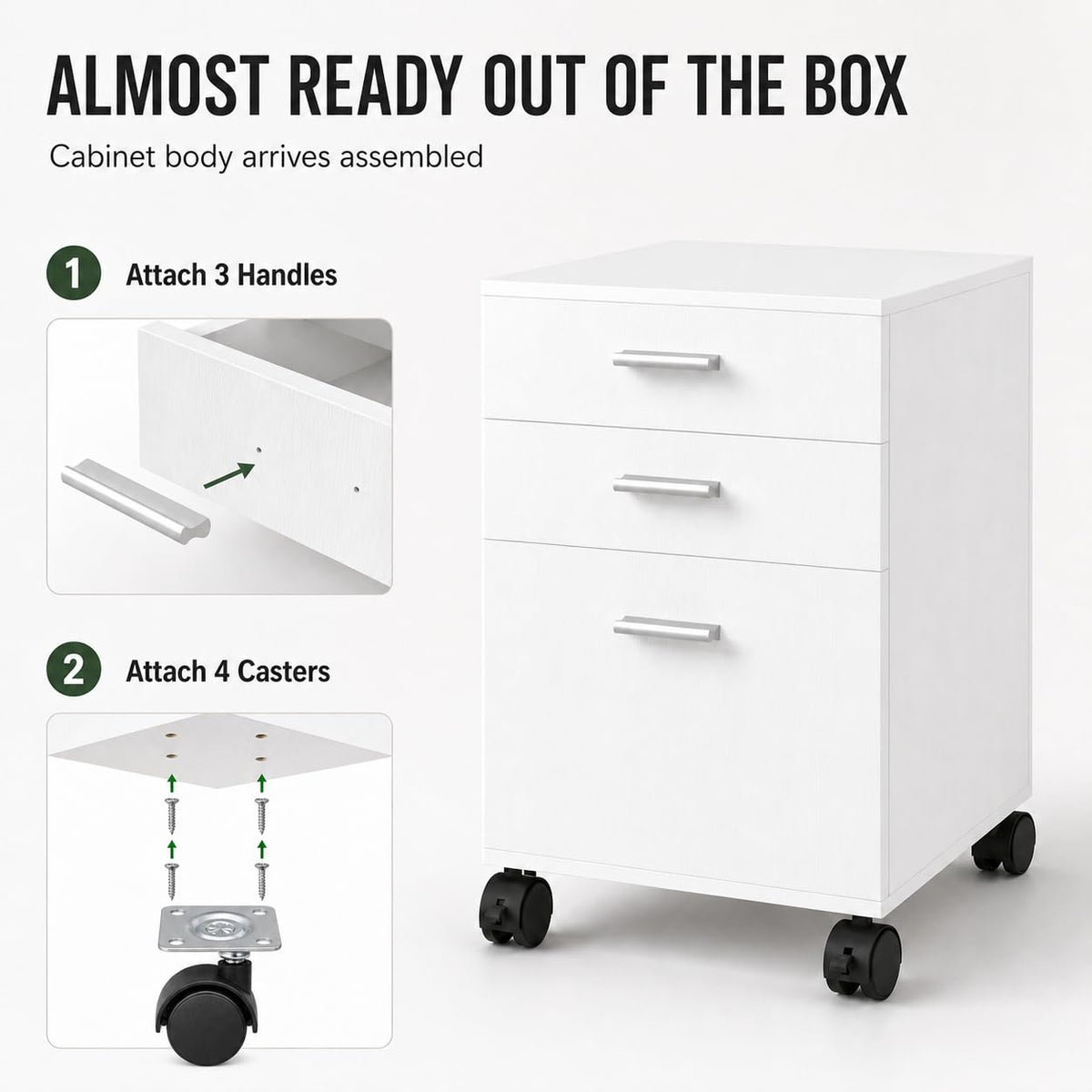 3 Drawer White Preassembled Wooden Under Desk Mobile Printer Stand