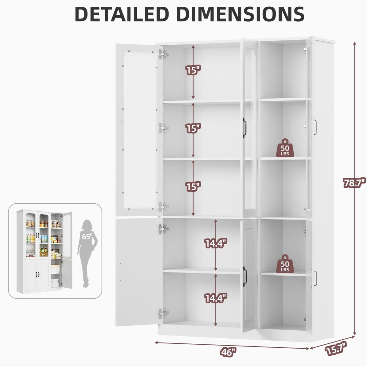 IdeaKey White Kitchen Pantry Cabinet, 78.7" Tall China Cabinet with Glass Doors and Adjustable Shelves, Wooden Display Cabinet for Dining, Living Room, White