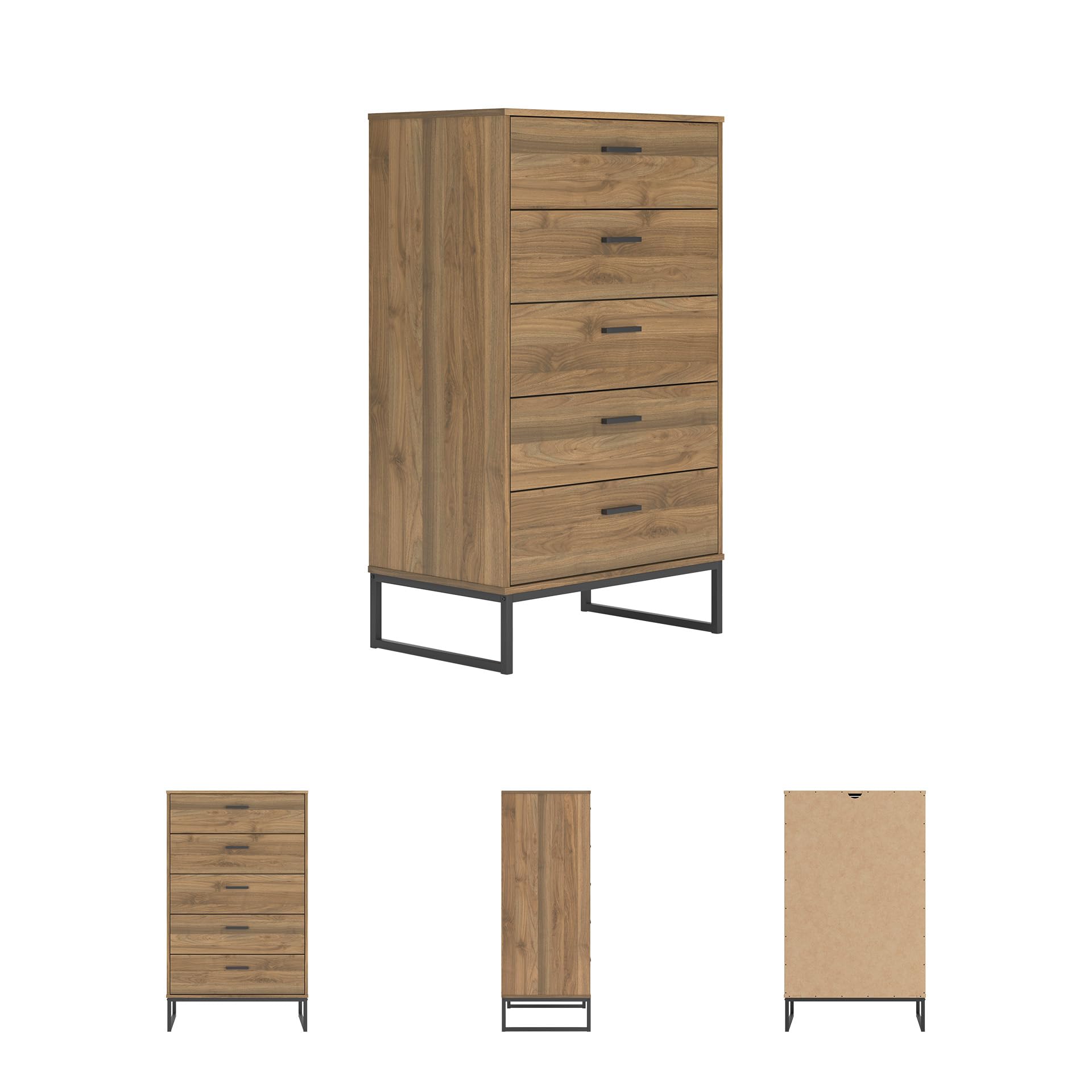 Signature Design by Ashley Deanlow Mid-Century Modern Chest of Drawers with Dark Pewter-Tone Legs and Handles, 5 Storage Drawers, Wood, 50.67" High, Brown