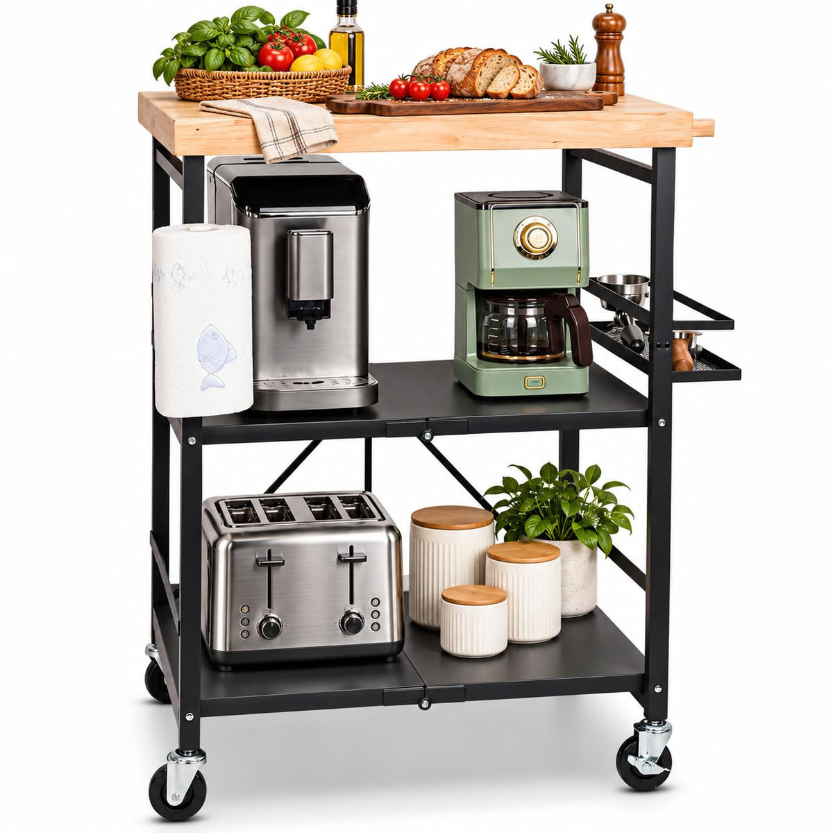 PLKOW Plus-Size Foldable 3-Tier Kitchen Cart with Solid Oak Top, Black