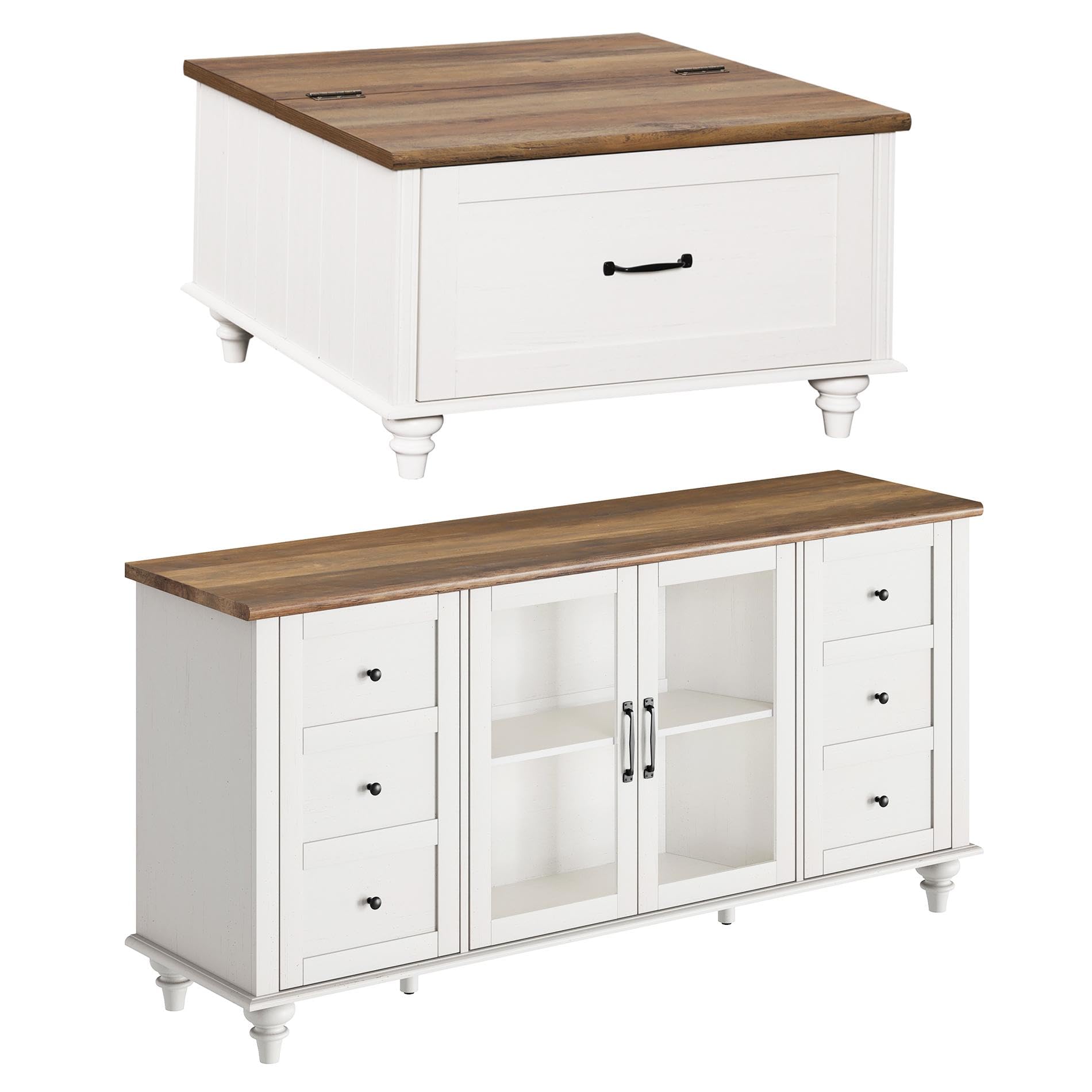 WAMPAT Farmhouse TV Stand and Coffee Table Set of 2, Square Coffee Table with Lift Top & Drawer, White Entertainment Center for 70 Inch TV, 2 Piece Living Room Table Set, White