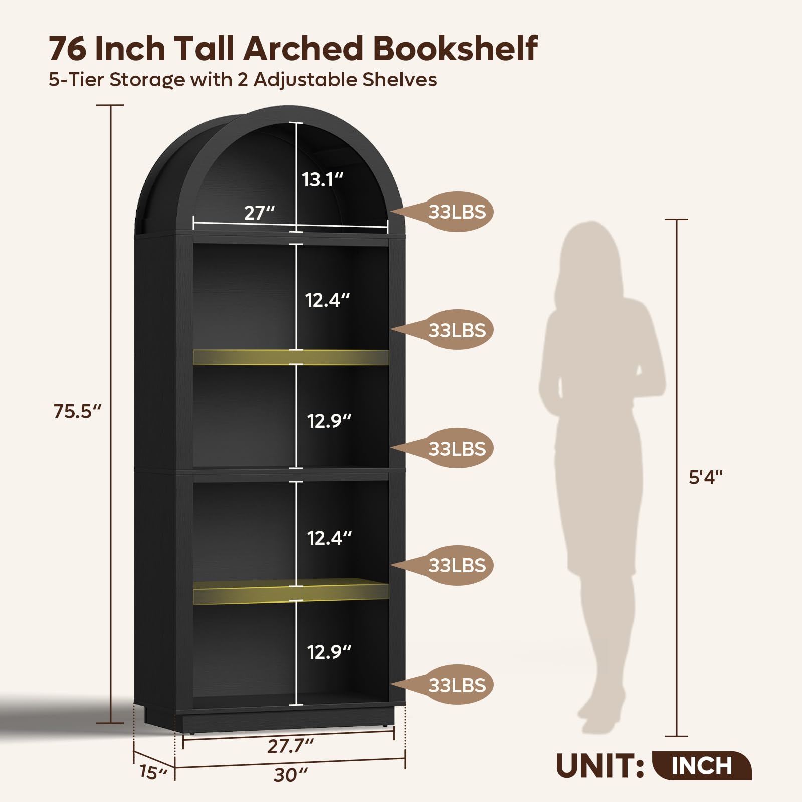 Bestier 76" Tall Arched Bookshelf, 5 Tier Arched Bookcase with Adjustable Book Shelves, Large Arch Wood Bookshelf, Modern Farmhouse Open Display Tall Bookcase for Bedroom, Home Office, Bedroom, Black