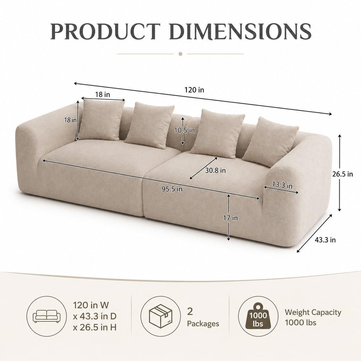 120" Curved Sofa Sectional Modern Boneless Cloud Couch, Light Brown