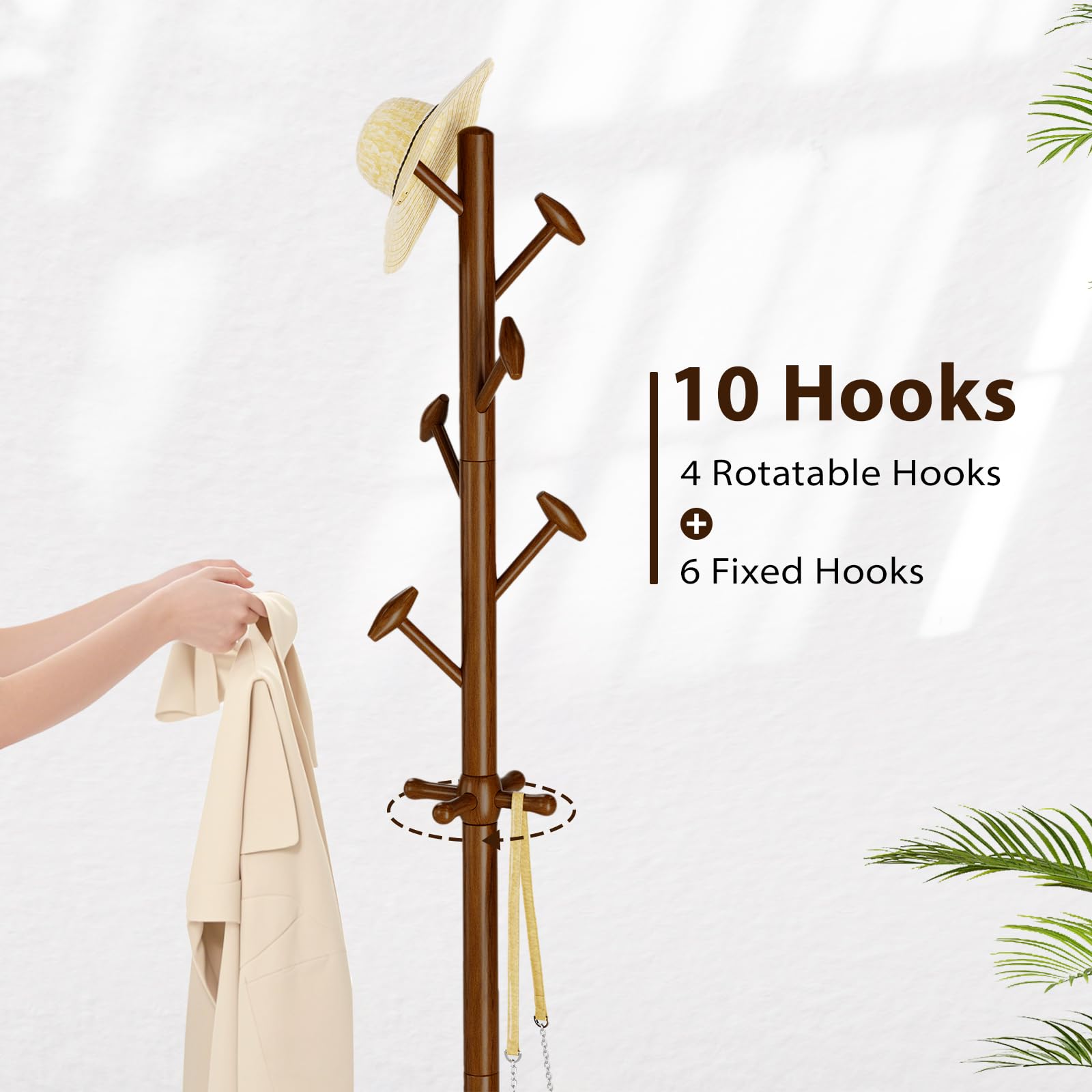 Freestanding Wood Coat Rack with 10 Hooks