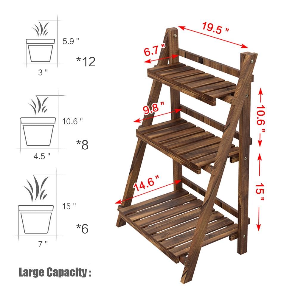 Yaheetech Wooden Plant Stand, 3-Tier Foldable Ladder Shelf, Indoor Outdoor