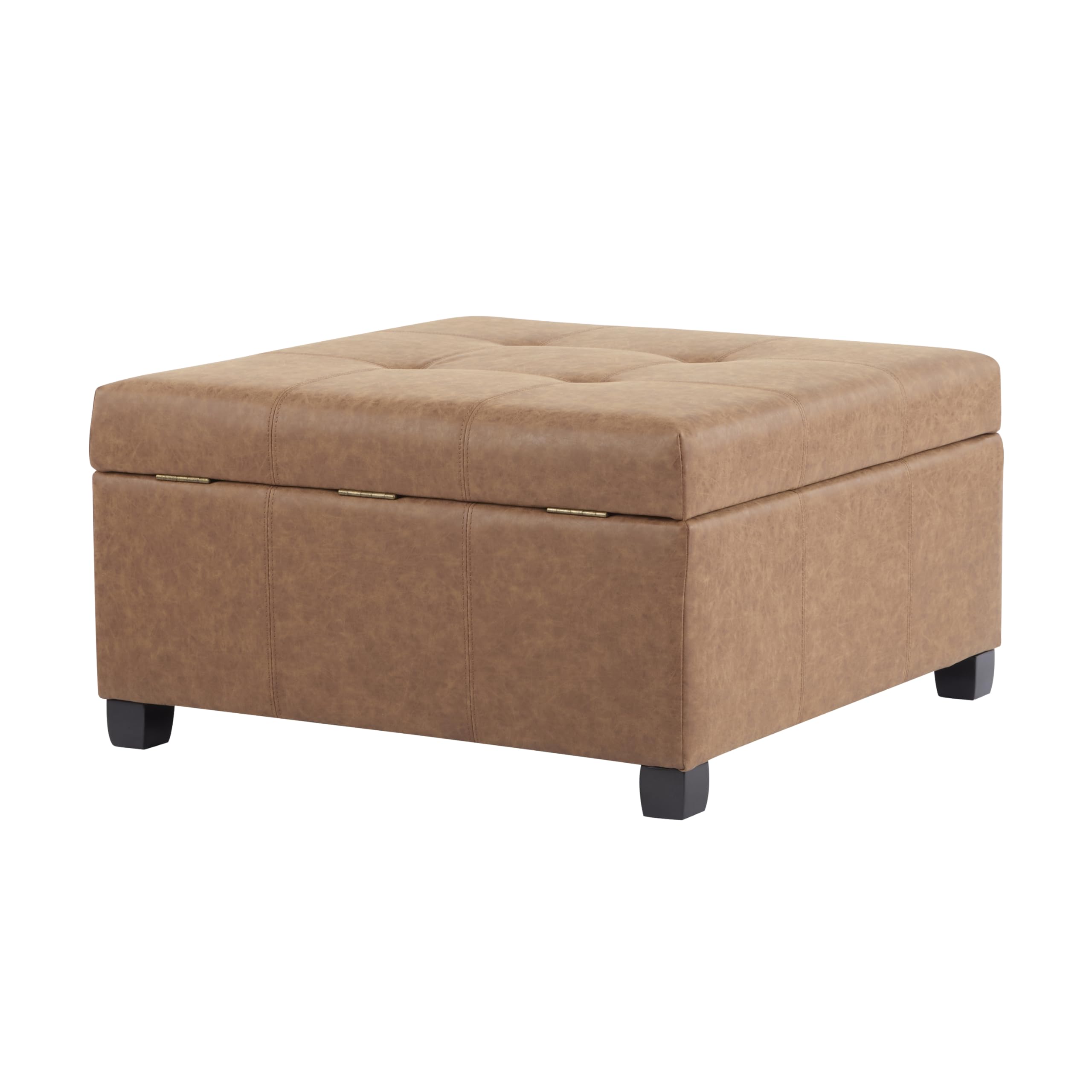 Square Storage Ottoman with Tufted Faux Leather & Wood Legs