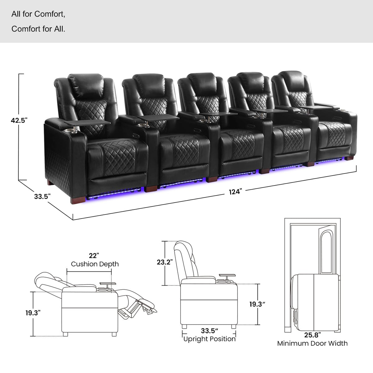 MBBMW Home Theater Seating, 5 Seat Power Recliner Sofa, Large Faux Leather Movie Couch with Adjustable Headrest, Ambient LED Lighting, USB Ports, Cup Holders and Hidden Arm Storage for Living Room
