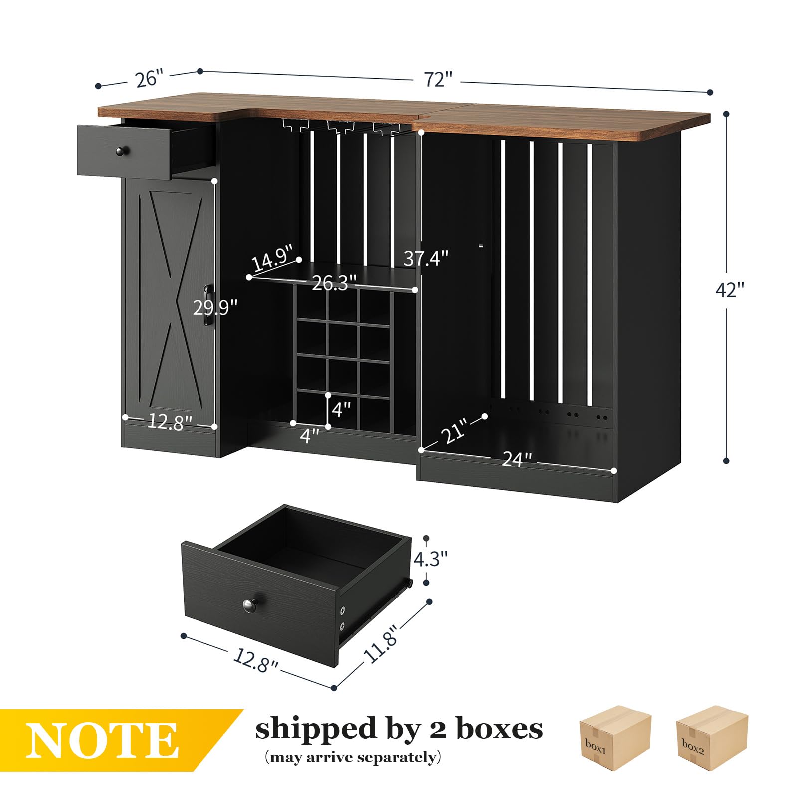 Terroute 72" U-Shape Liquor Cabinet with Fridge Space, Bar Table with Wine Rack Glass Holder, Wine Bar Cabinet with Storage, Home Bar Cabinet for Man Cave Home Pub Basement Living Room, Black LRBT001B