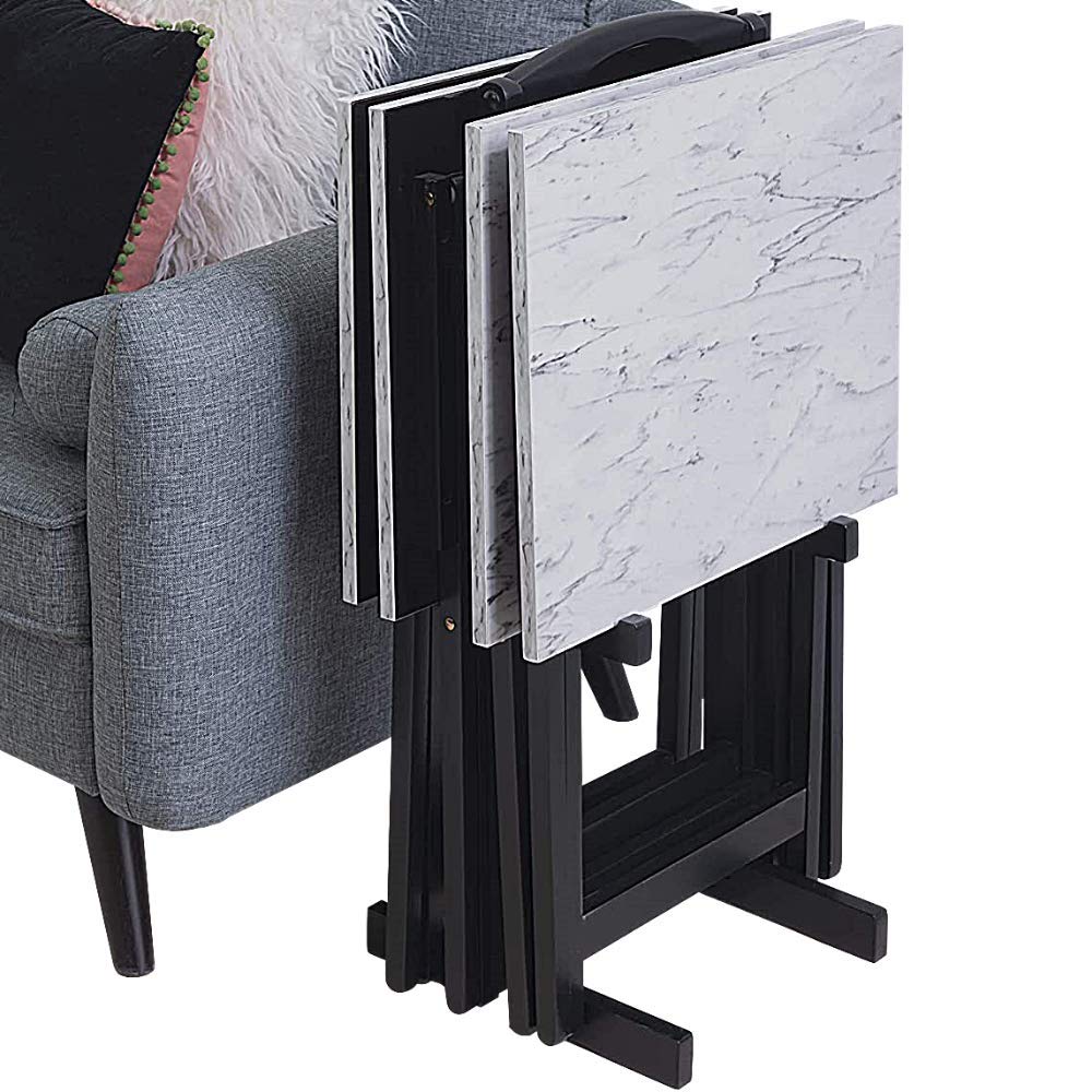 Wood Folding Snack Table Set of 4 White Marble Look Table Top Portable TV Tray Game Table Foldable Sofa End Table Couch Laptop Stand Serving Home Living Room Kitchen Furniture & eBook by BADA Shop