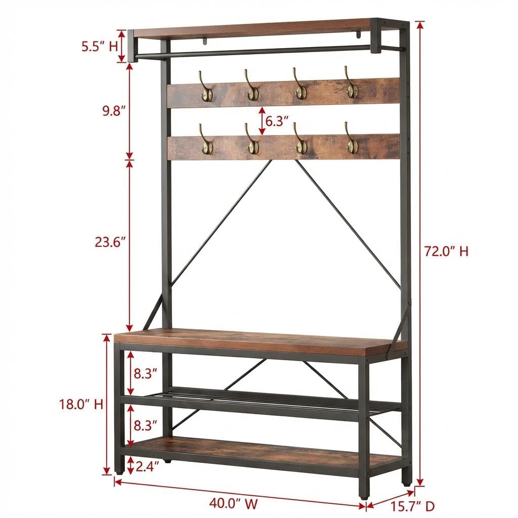 Hall Tree with Shoe Storage Bench, 100cm Entryway Coat Rack, Metal Frame Hallway Bench with Clothes Organizer, Multifunctional Shoe Rack Bench for Hallway, Sturdy Particleboard Seating for Entryway