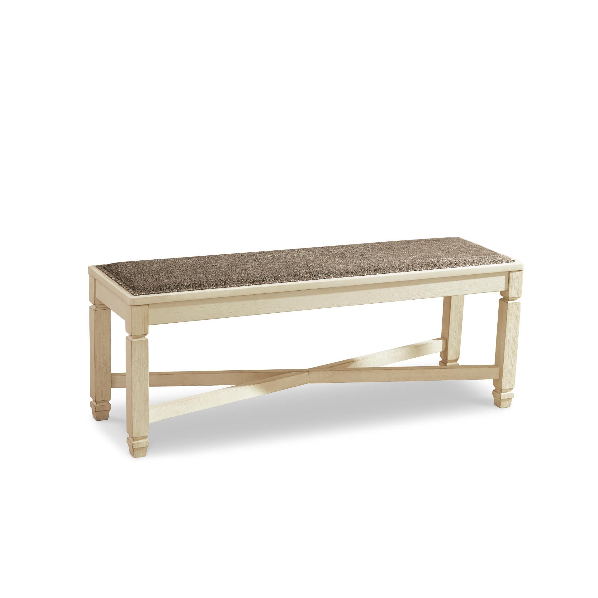 Signature Design by Ashley Bolanburg Casual French Country Upholstered Dining Room Bench with Nailhead Trim, Heavy Woven Fabric, Wood, Antique White & Tan