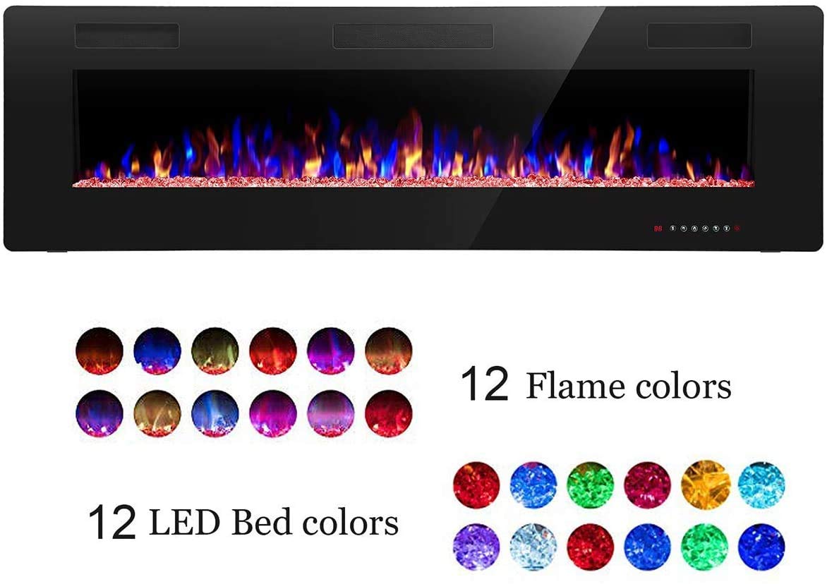 R.W.FLAME 60" Recessed and Wall Mounted Electric Fireplace, Low Noise, Fit for 2 x 6 Stud, Remote Control with Timer, Touch Screen, Adjustable Flame Color and Speed, 750-1500W