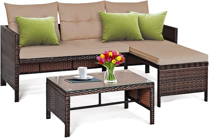 L-Shaped Outdoor Sectional Sofa Set, 3-Piece PE Rattan Patio Furniture with Coffee Table