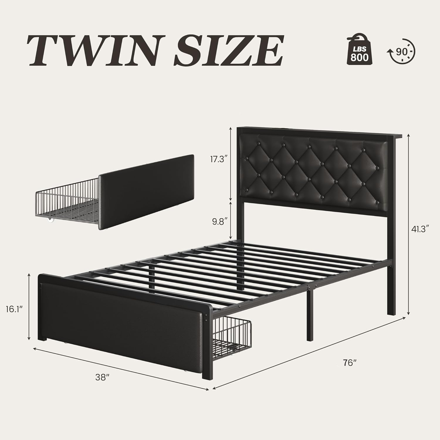 Queen Bed Frame with Storage Drawers & Charging Station