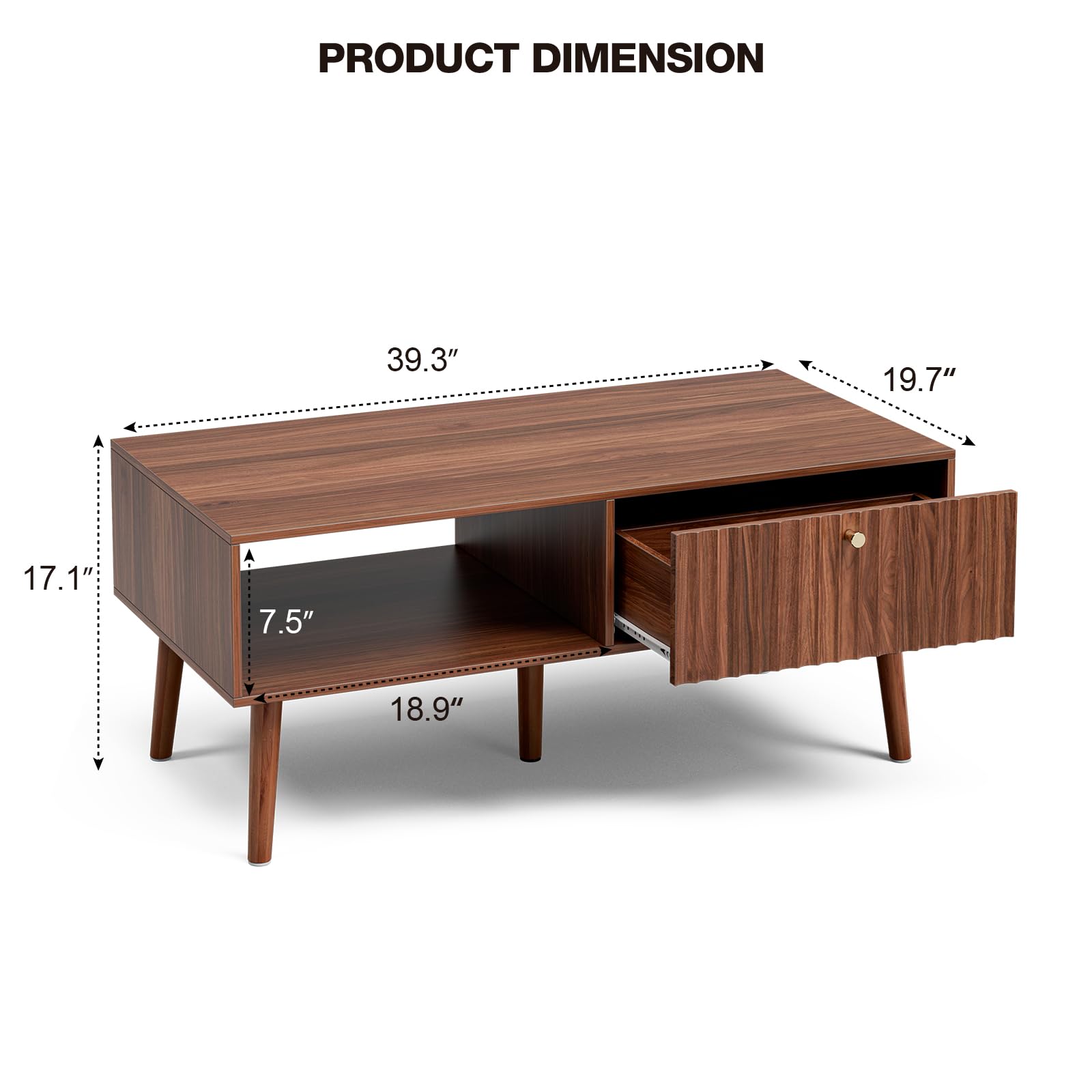 LCRBOL Coffee Table with Storage, Mid Century Dining Table with Fluted Drawer and Solid Wood Legs, Small Coffee Tables for Living Room, Walnut