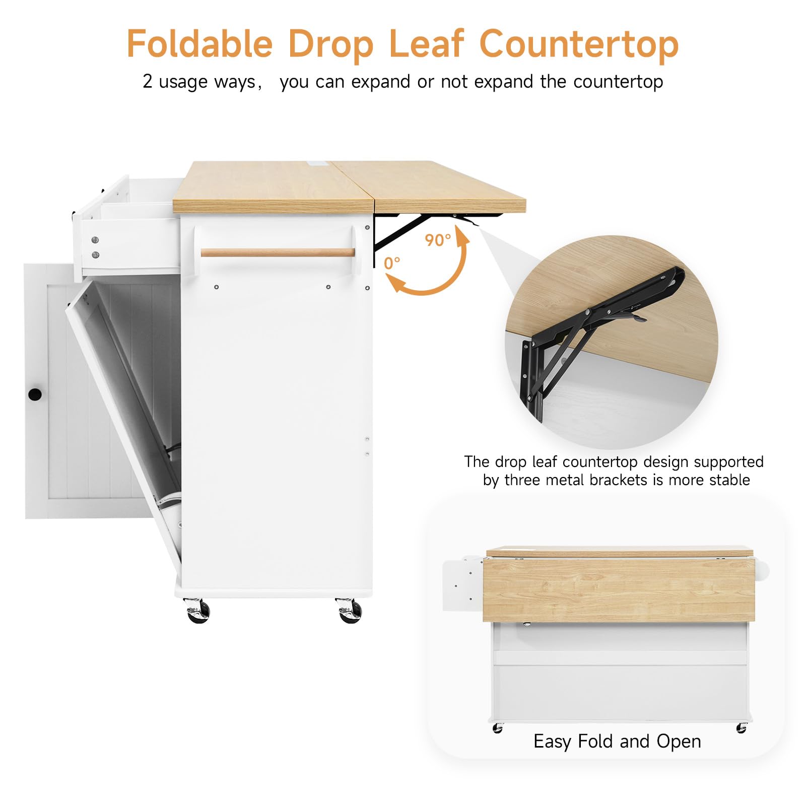 60" Rolling Kitchen Island with Power Outlet & Drop Leaf