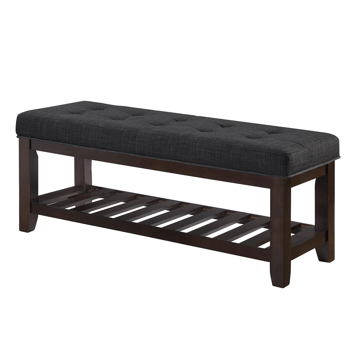 Tufted Linen Bench with Shelf