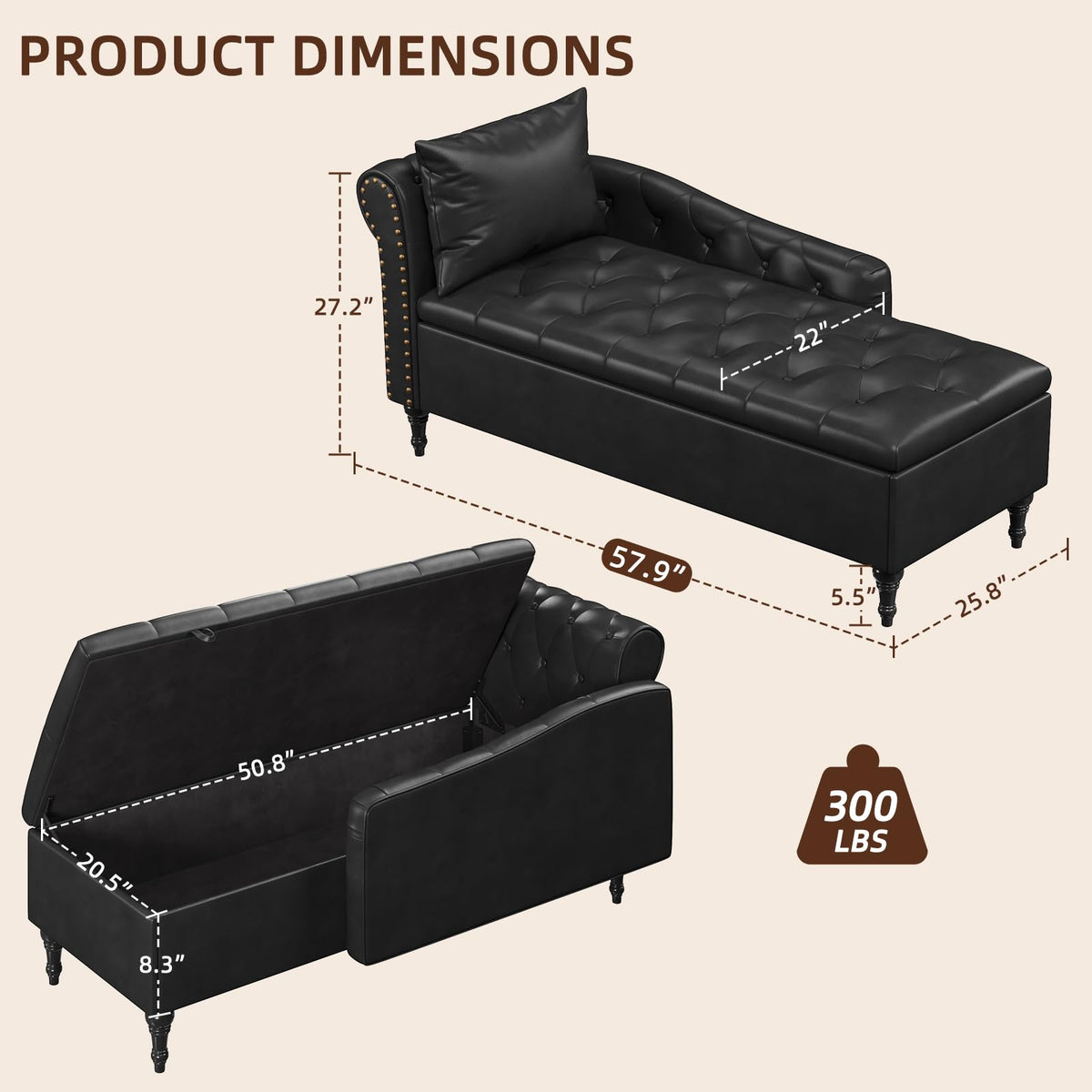 Faux Leather Chaise Lounge Chair with Storage, Left Rolled Armrest, Black