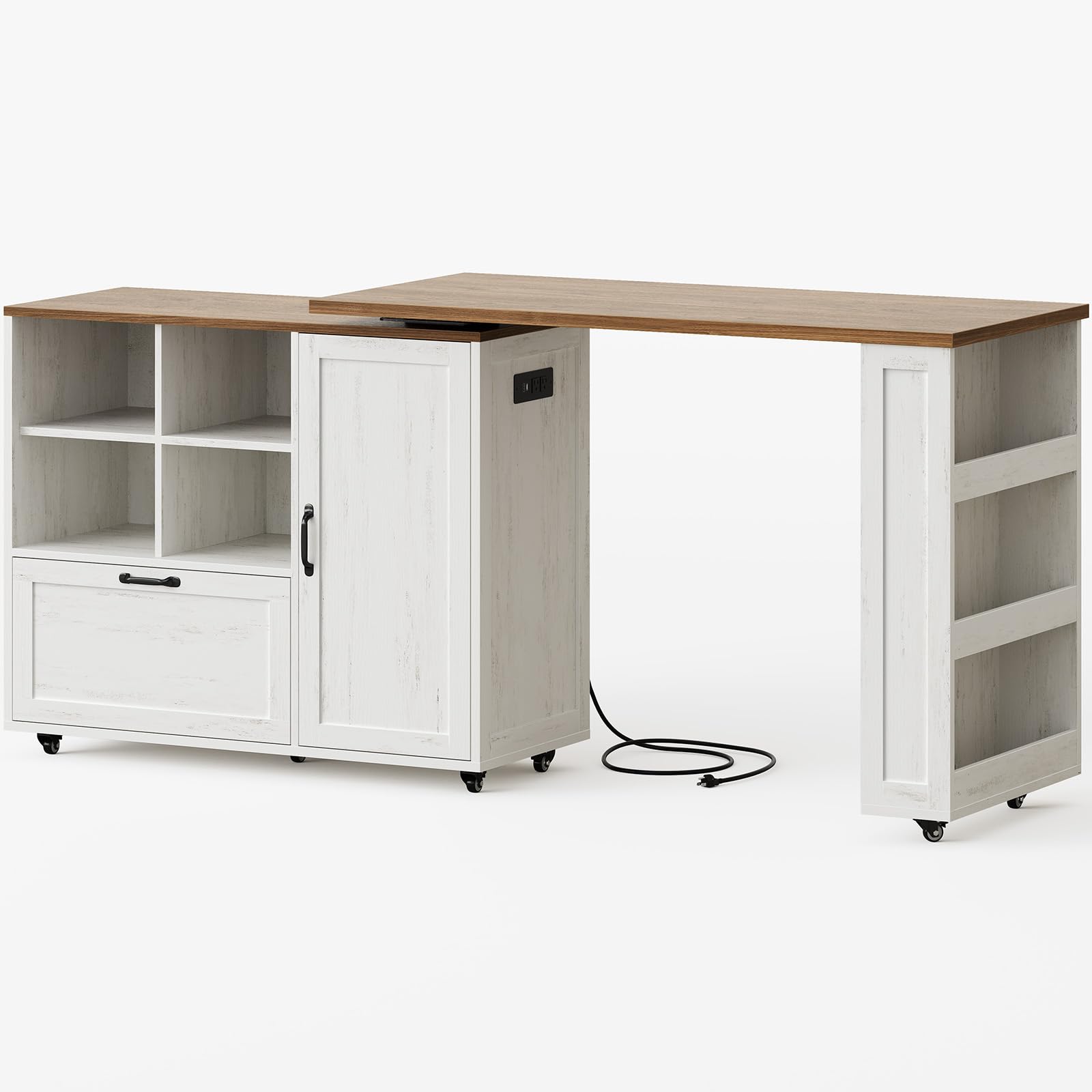 PIXOURA 72" Rolling Kitchen Island Cart with 360° Swivel Tabletop & Power Outlet, Farmhouse Mobile Kitchen Island Storage Cabinet on Wheels with Drawers, Spice Rack for Dining Room,Home Bar,White