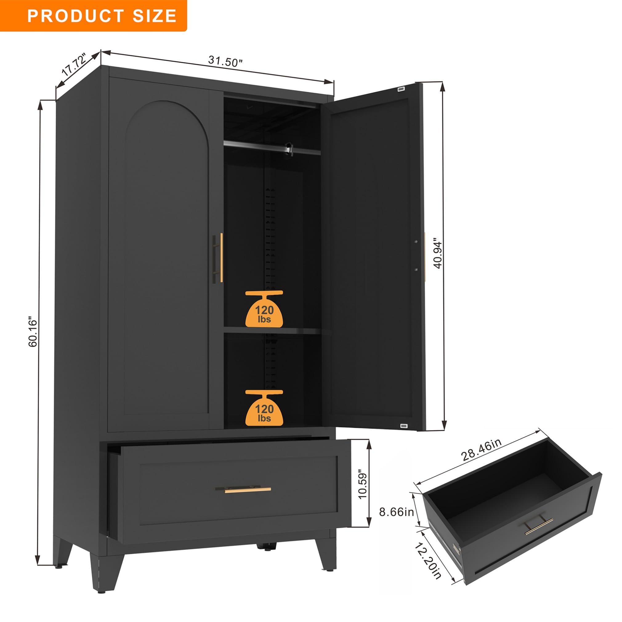 Steel Wardrobe Cabinet with Drawer, Hanging Rod & 2 Doors