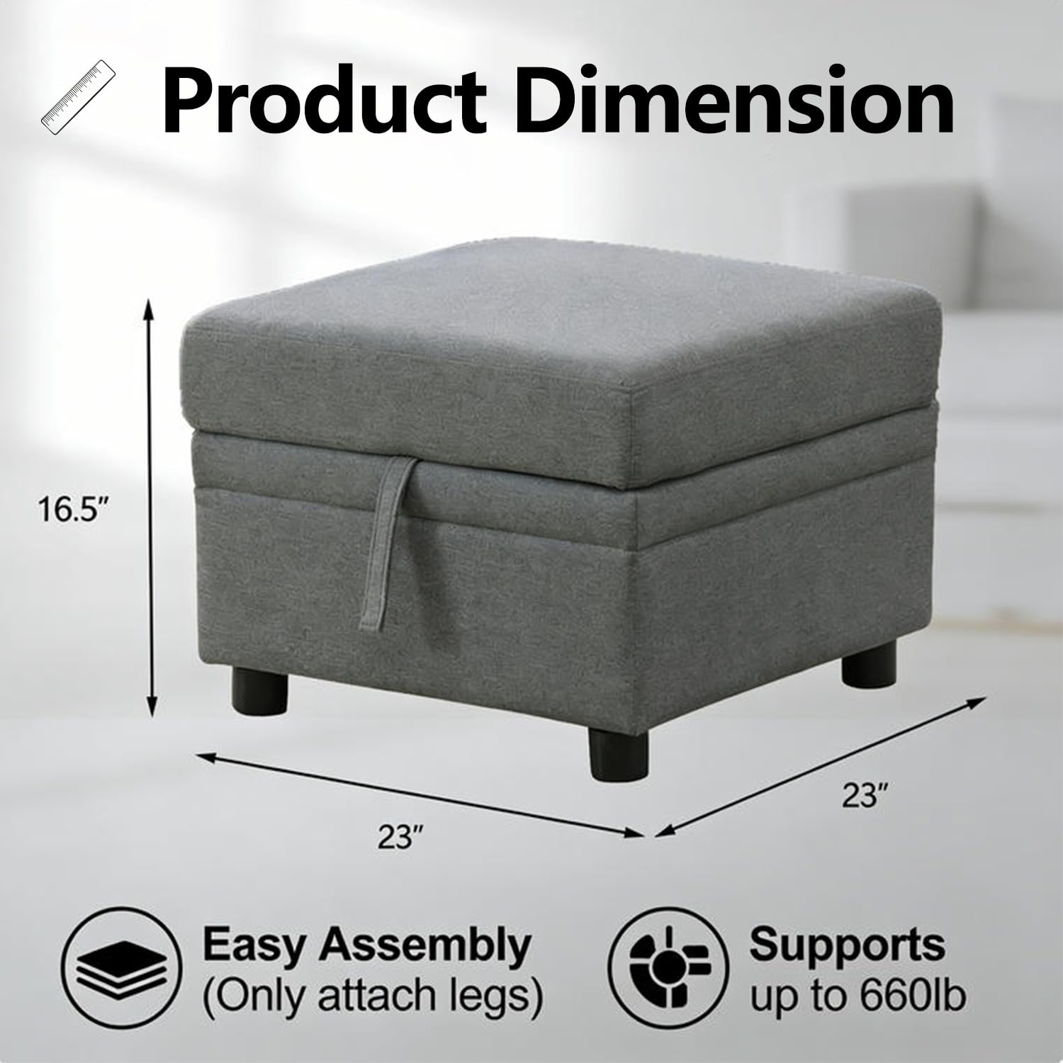 Snuptor Fabric Ottoman Bench with Storage,23 Inches Linen Large Square Storage Chest,Coffee Table,Foot Rest Stool Ottoman for Living Room,Apartment,Entryway,Grey