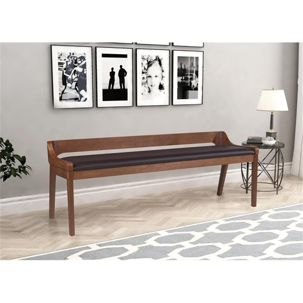 Mid-Century Modern Dining Bench with Faux Leather Cushion