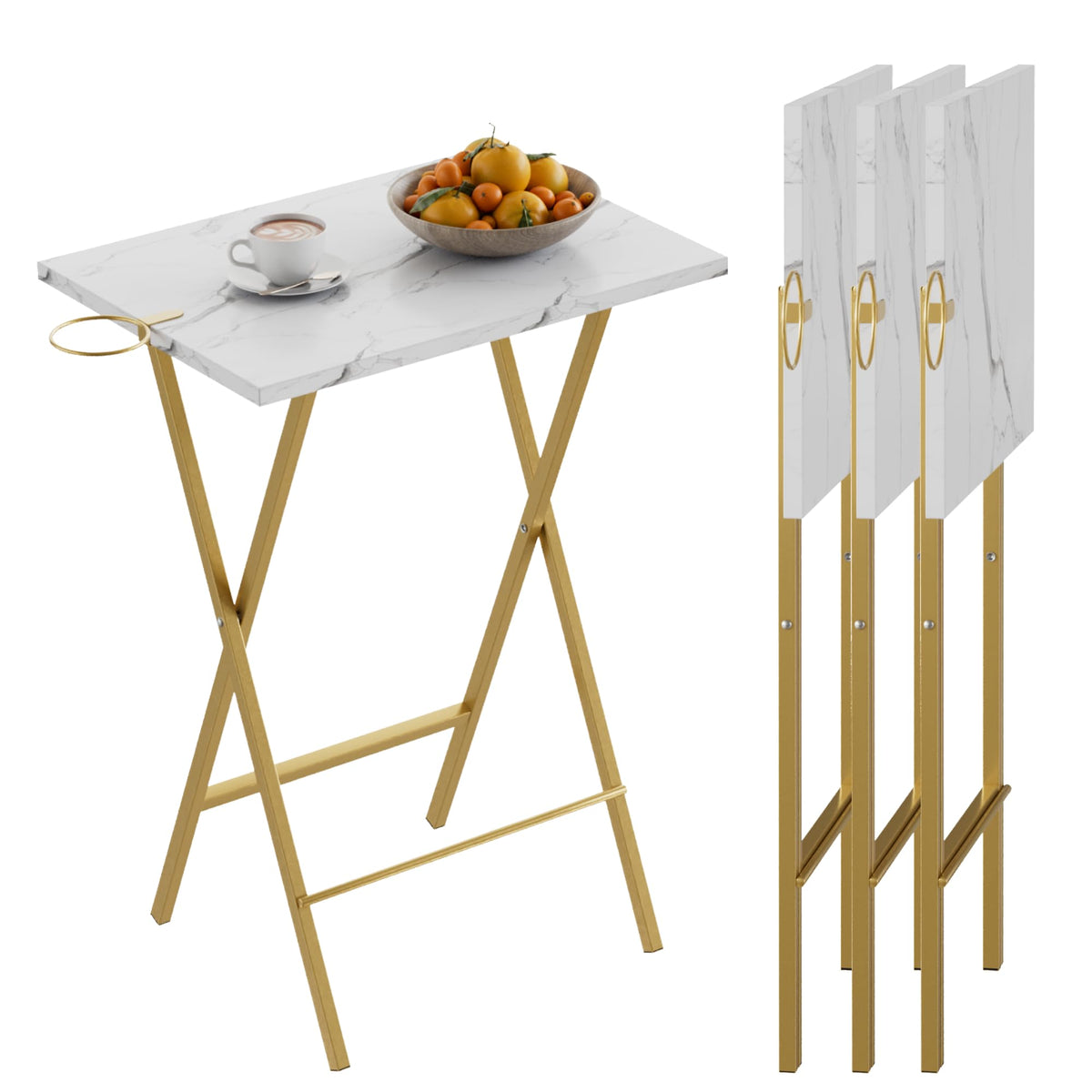VECELO Folding TV Tray for Eating Set of 4, Portable Dinner/Snack Table with Cup Holder for Couch, Living Room and Small Space, Gold