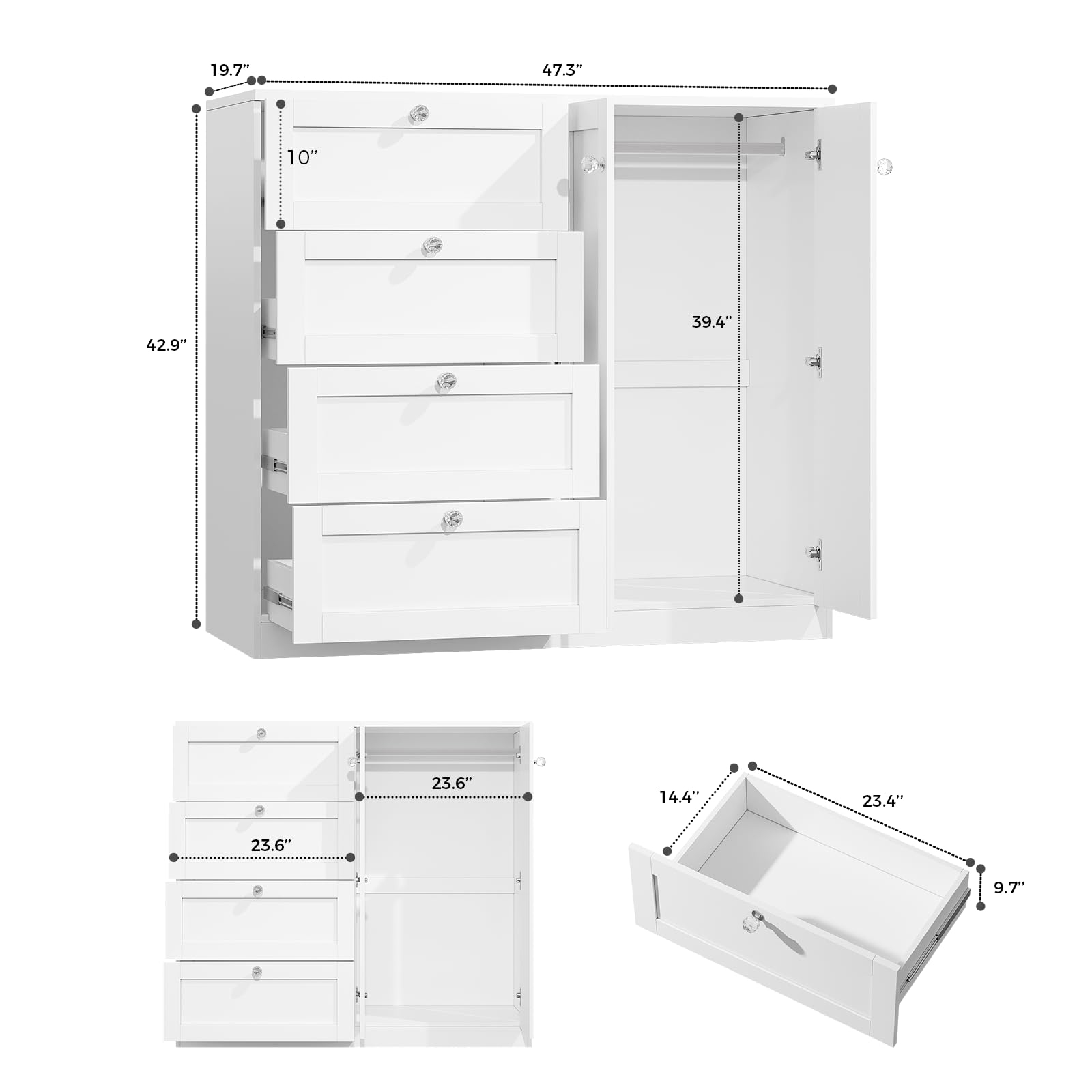 VOWNER Armoire Wardrobe Closet with 4 Drawers and 2 Doors, 43''H Clothing Storage Cabinet Dresser with Hanging Rod, Cothes Wardrobe for Bedroom, Baby Closet, White