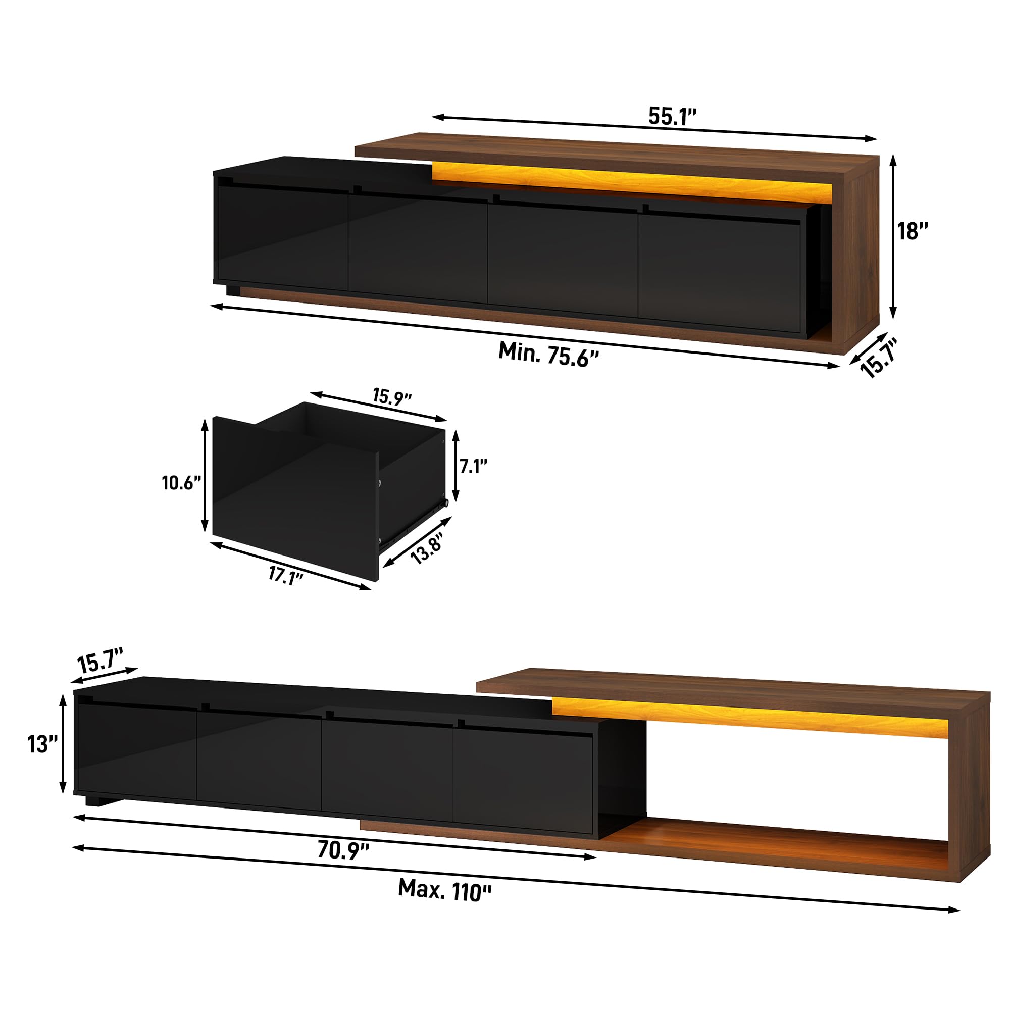 Extendable TV Stand with LED Light, Modern Entertainment Center for up to 120 Inch TV, Wood TV Media Console with 2 Drawers & 2 Cabinets for Living Room Bedroom, 75"-110", High Gloss Black & Walnut