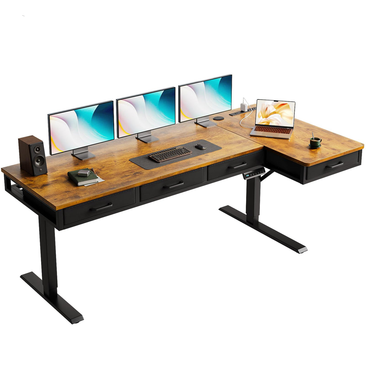 OffiGo 63 Inch L Shaped Electric Standing Desk with 4 Drawers, Rustic Brown