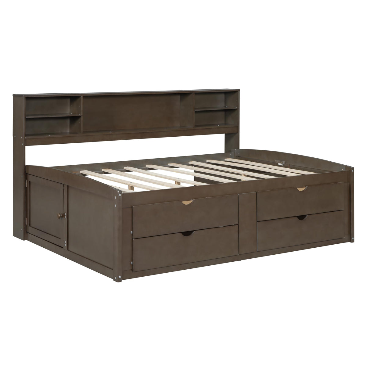 SOFTSEA Full Size Daybed with Storage Drawers and Bookcase Headboard, Wood Corner Bed with Storage Cabinets, Full Captains Bed for Small Space, No Box Spring Needed, Antique Brown
