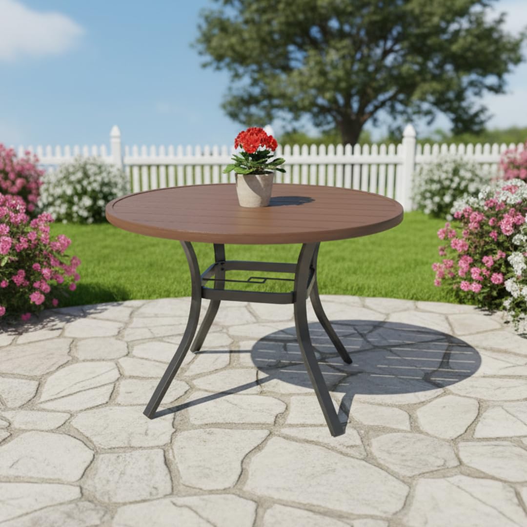 Anmutig 41" Round Outdoor Dining Table Metal Patio Table Brown Top