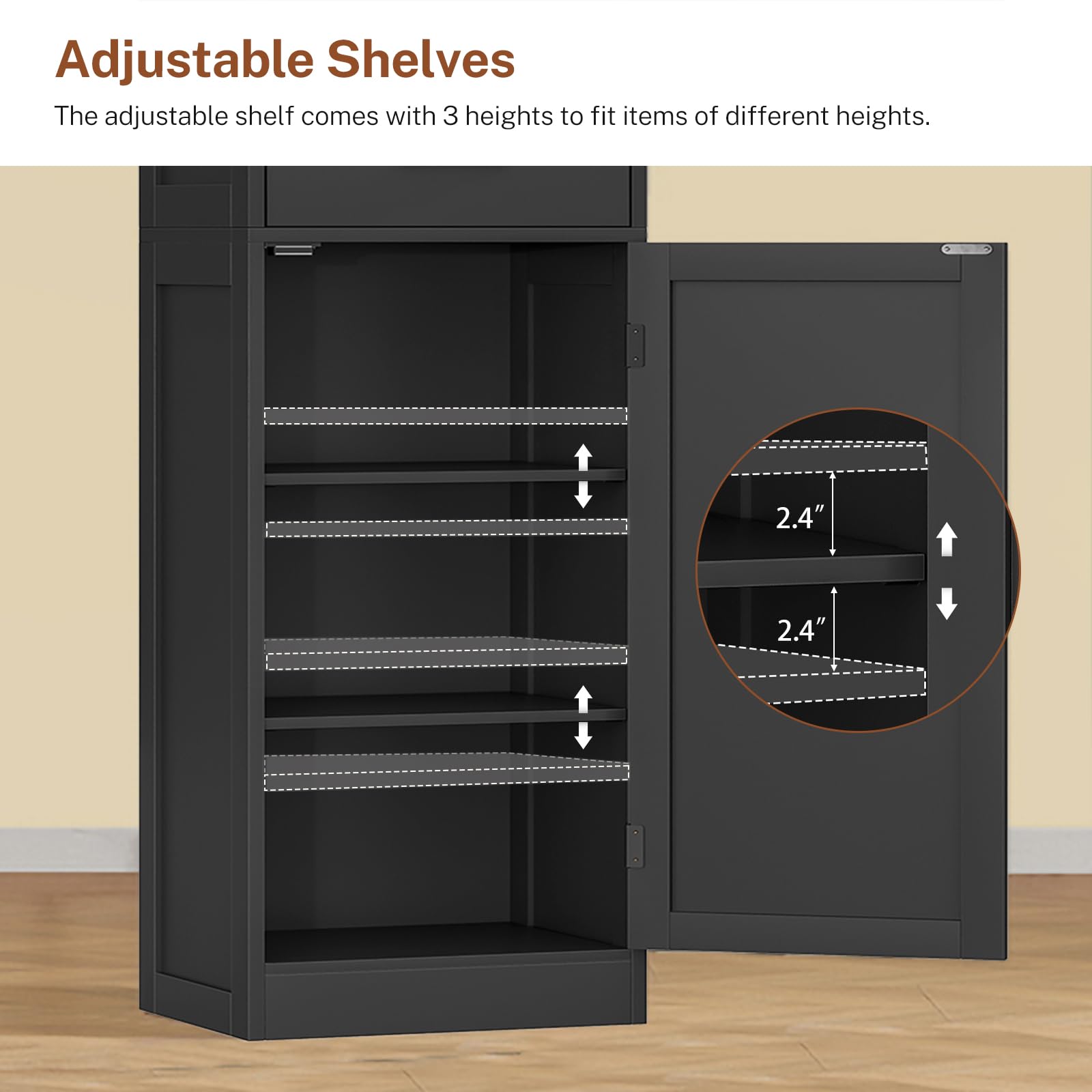 TEENFON Tall Storage Cabinet with 3 Door Shelves & 1 Drawer, Narrow Kitchen Pantry Cabinet for Living Room, Bathroom, Entryway, Black