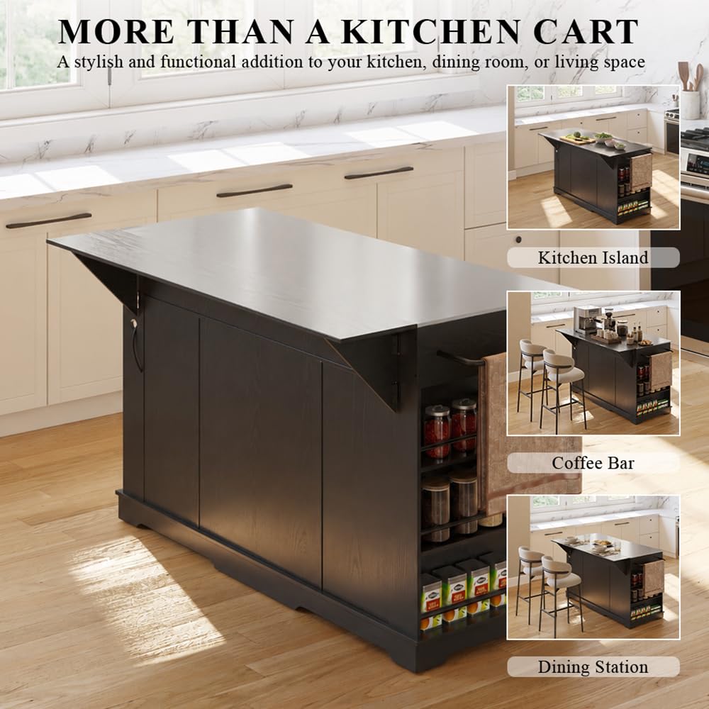 NORDEVERRA 60" Kitchen Island with Drop Leaf & Stainless Steel Countertop