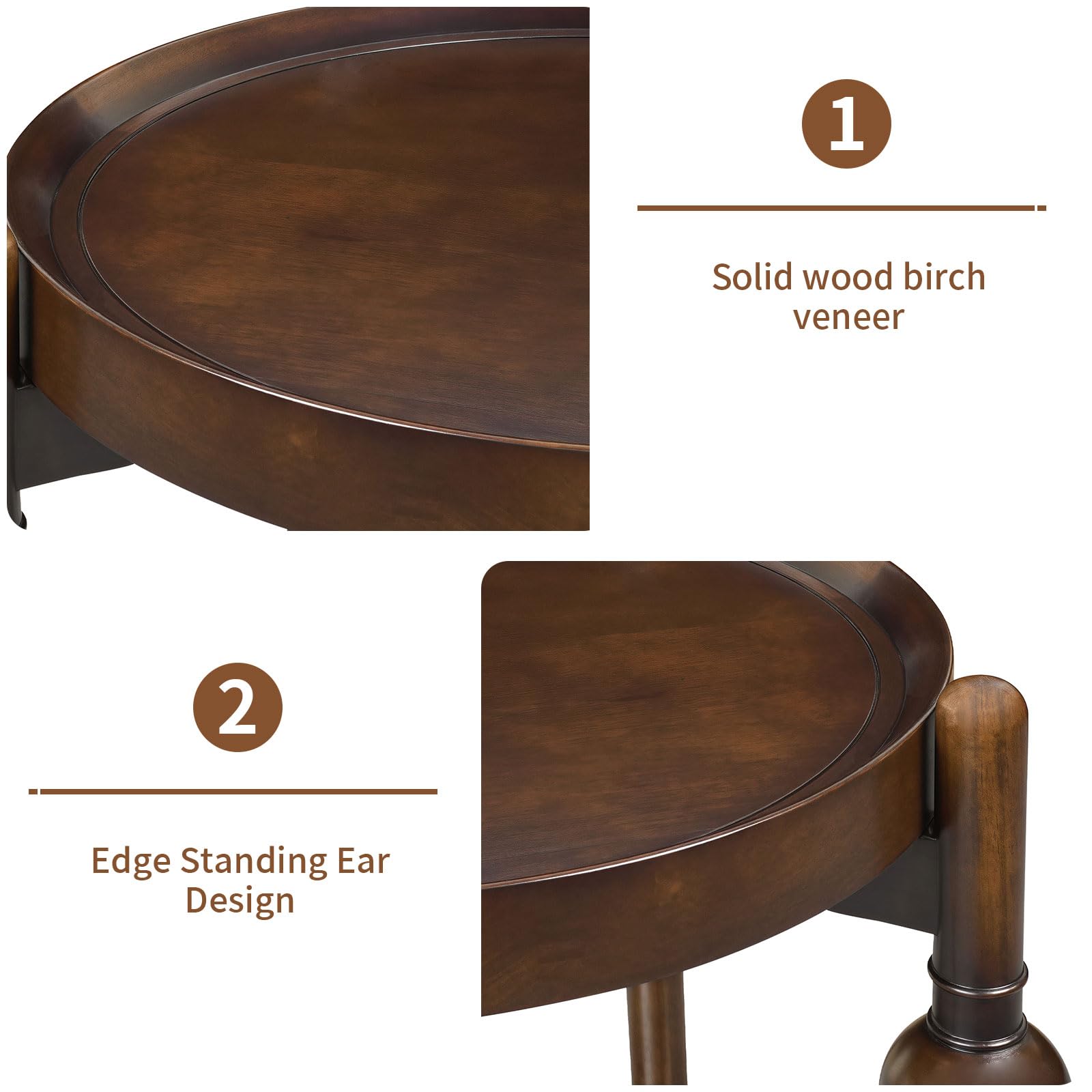 LKTART Nesting End Table for Living Room,Round Solid Wood Frame Nest Side Tables with Storage,Retro Accent Center Table for Small Space Apartment (25''D×24''H-Dark Brown)