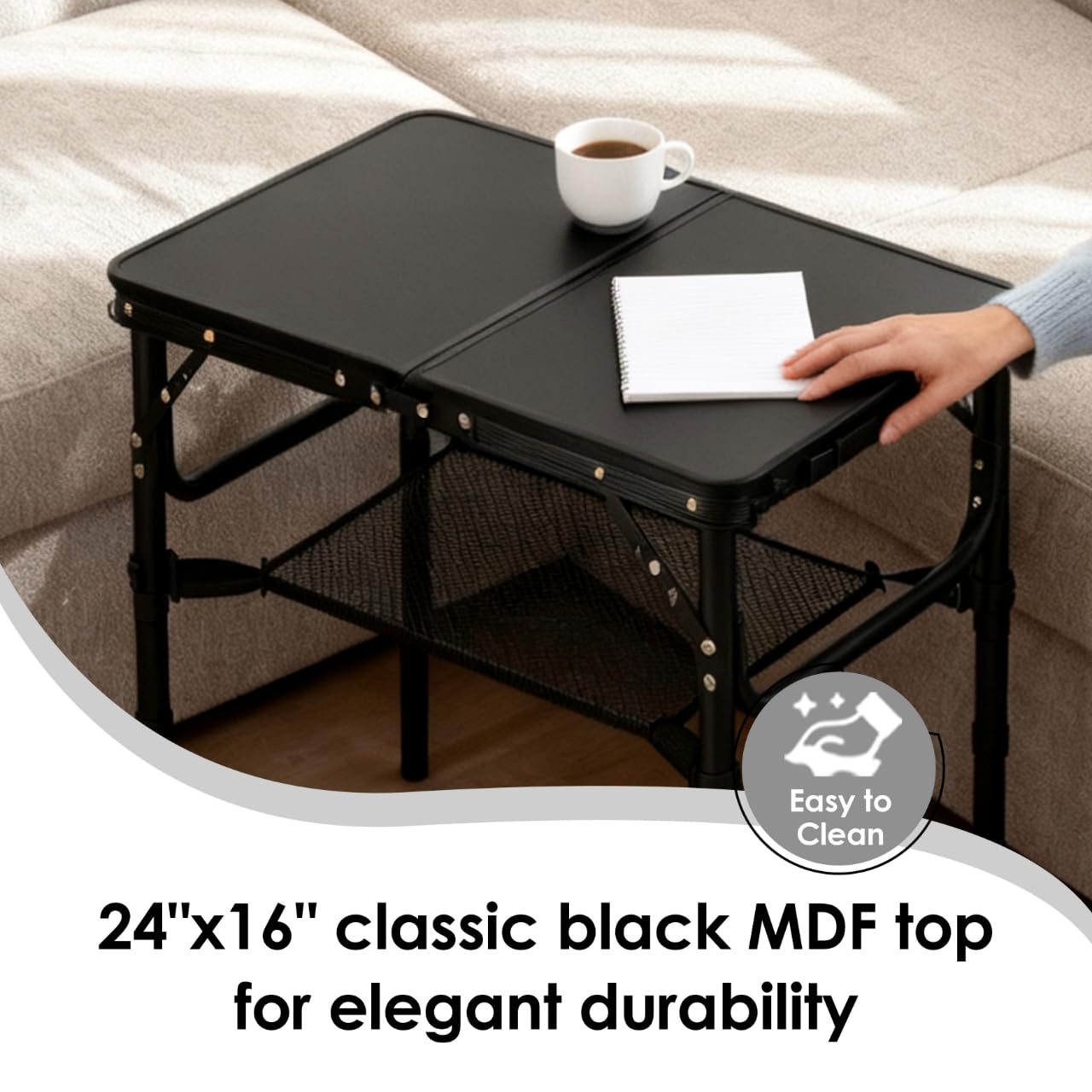 Folding TV Trays Foldable Dinner Tray Table Adjustable Height Food Snack Eating Couch Side Table Sturdy Aluminum Portable Sofa Tray End Table for Outdoor Indoor Camp Pinic Bed Couch Living Room(Black)
