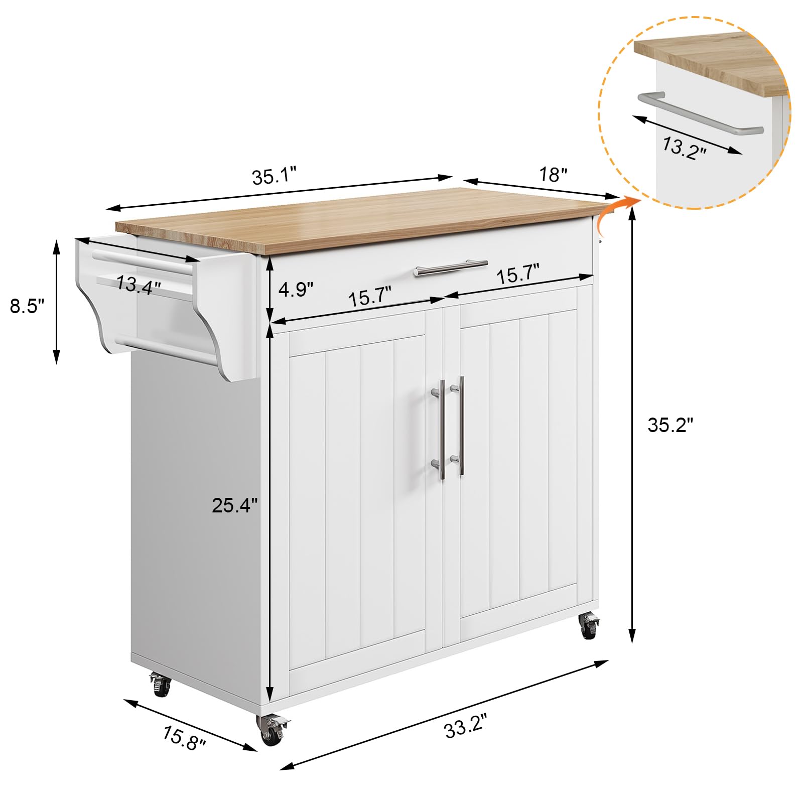 Soscana Kitchen Island with Storage, Wooden Rolling Kitchen Island On Wheels with Wood Top, Mobile Kitchen Bar Cart Cabinet with Towel Rack, Spice Rack and Drawers, White